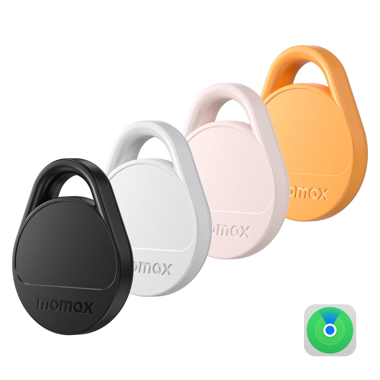 Momax Air Tracker Tags 4 Pack, [Apple MFi Certified], Replaceable Battery Bluetooth Tracker Compatible with Apple Find My (iOS Only), DIY Stickers, Item Finder Smart Tag for Keys, Wallet, Luggage