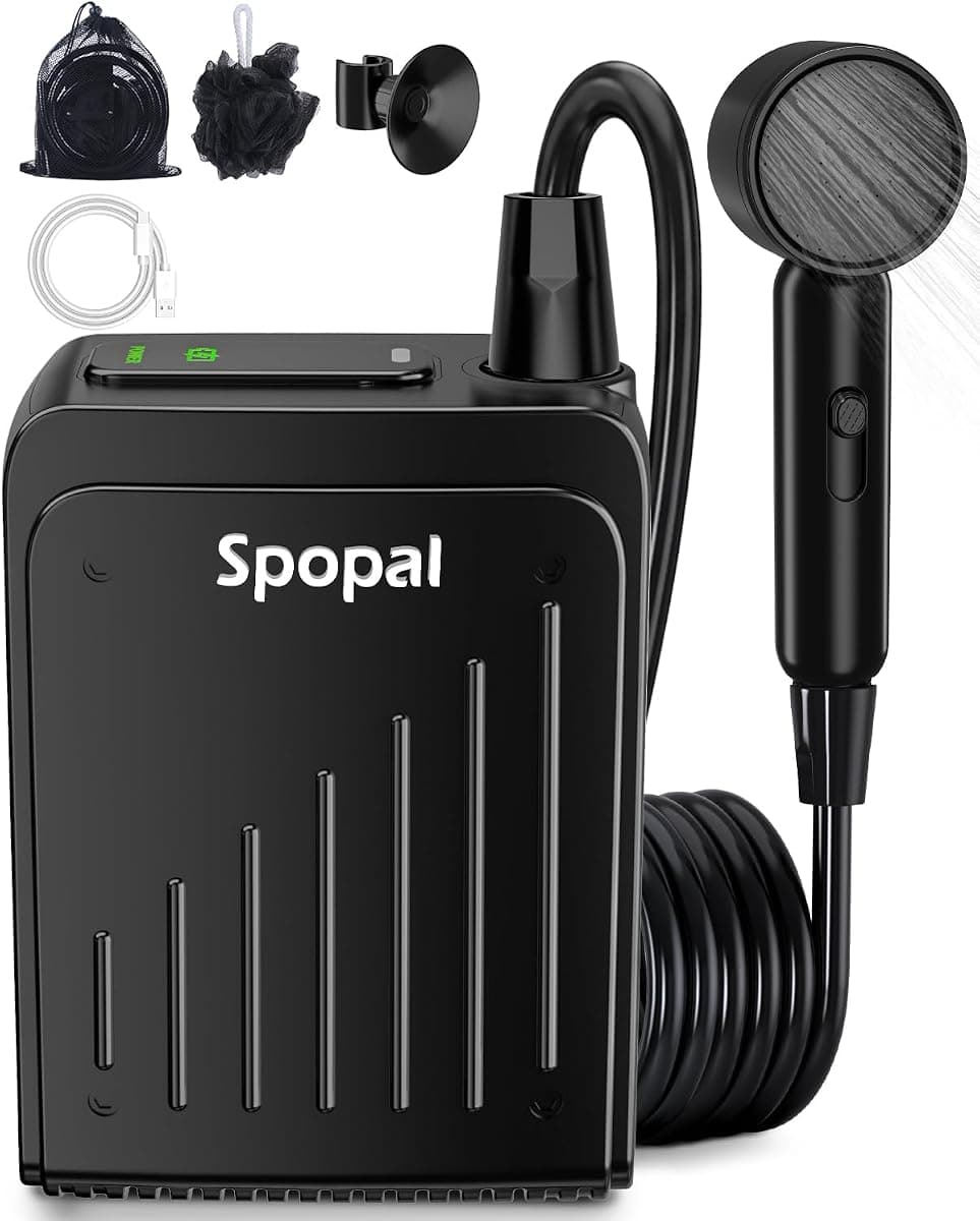 Spopal Portable Shower for Camping, [Long-Lasting] 5000mAh Rechargeable Camping Shower, 4 Spray Modes, IPX8 Waterproof Outdoor Camp Pump for Hiking, Travel, Car, Pet
