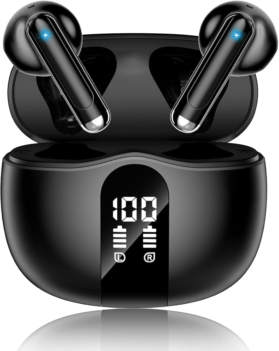 Wireless Earbuds, 2026 Bluetooth 5.4 Headphones Bass Stereo Ear Buds with Noise Cancelling Mic, LED Display in Ear Earphones 50H Playtime Ear Buds, IP7 Waterproof for Laptop Pad Phones Deep Black
