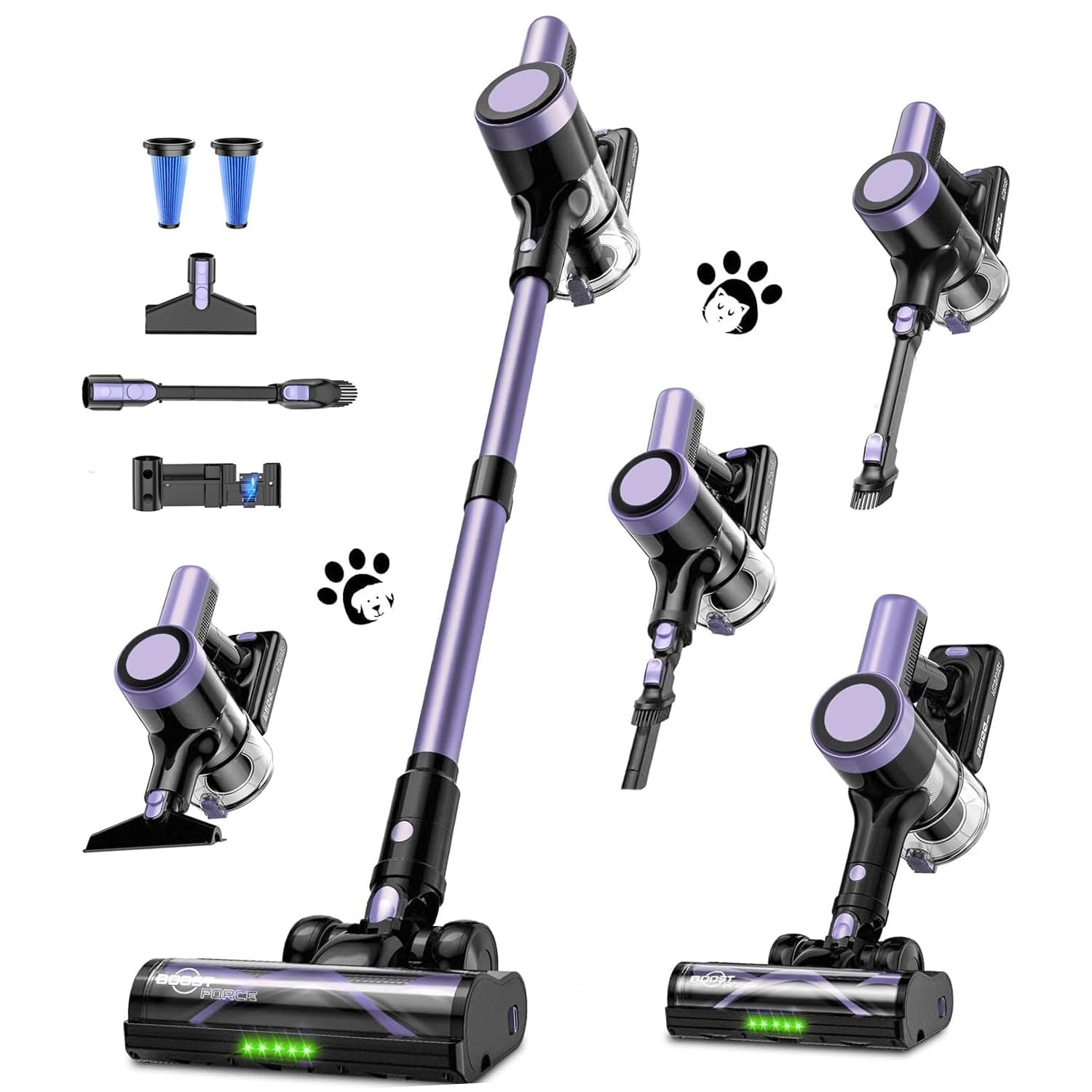 Cordless Vacuum Cleaner for Home, 55KPa Powerful Suction, Self-Standing Stick Vacuum with Charging Dock, Anti-Tangle Brush, Lightweight for Pet Hair, Carpet, Hardwood Floor(Purple)