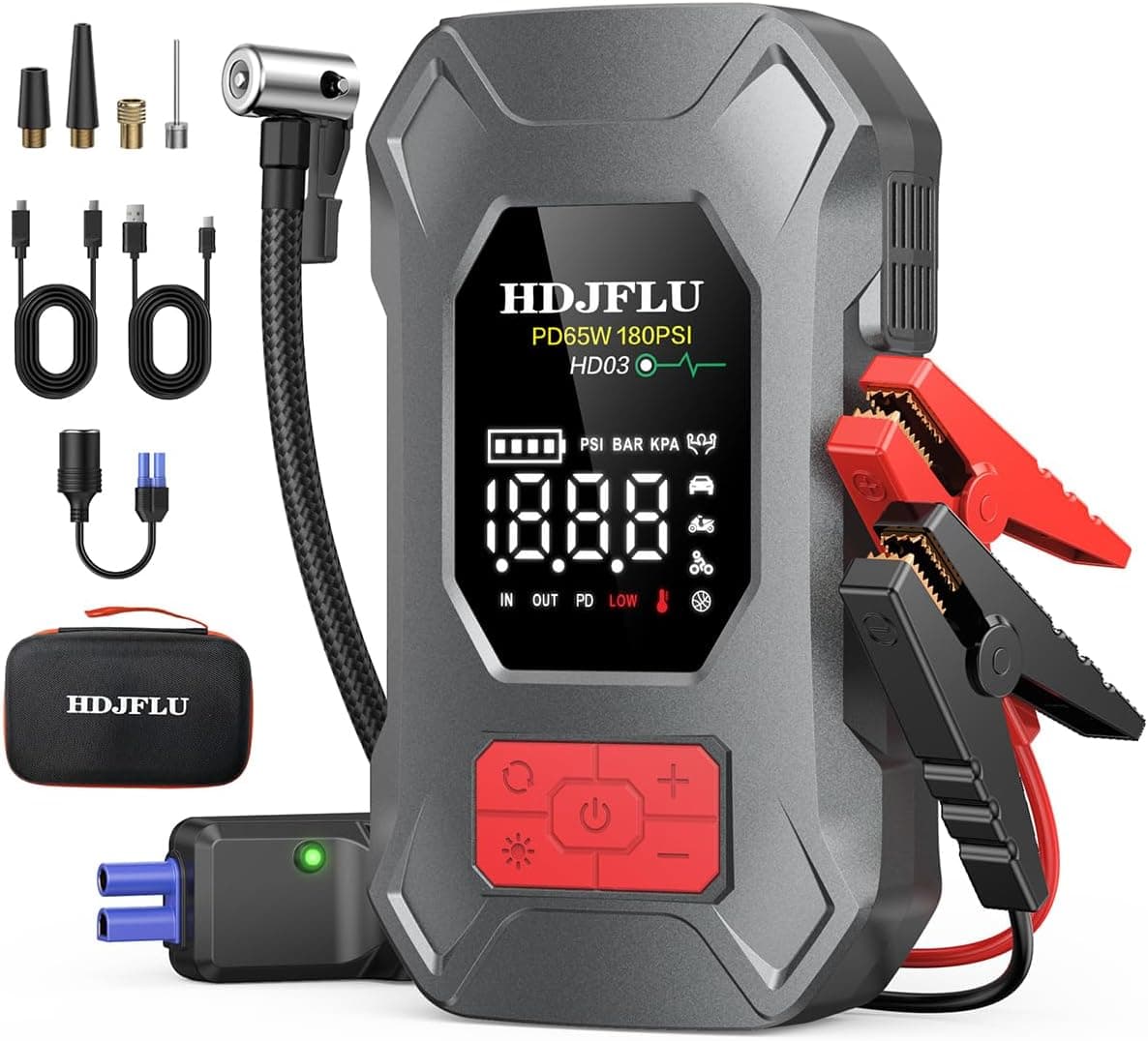 7500A Jump Starter with 180PSI Air Compressor, 24000mAh Car Battery Booster | Jump Stater Box for All Gas/10L Diesel, 65W PD Fast Charge Power Bank, Portable Tire Inflator, Jumper Cables, LED Light