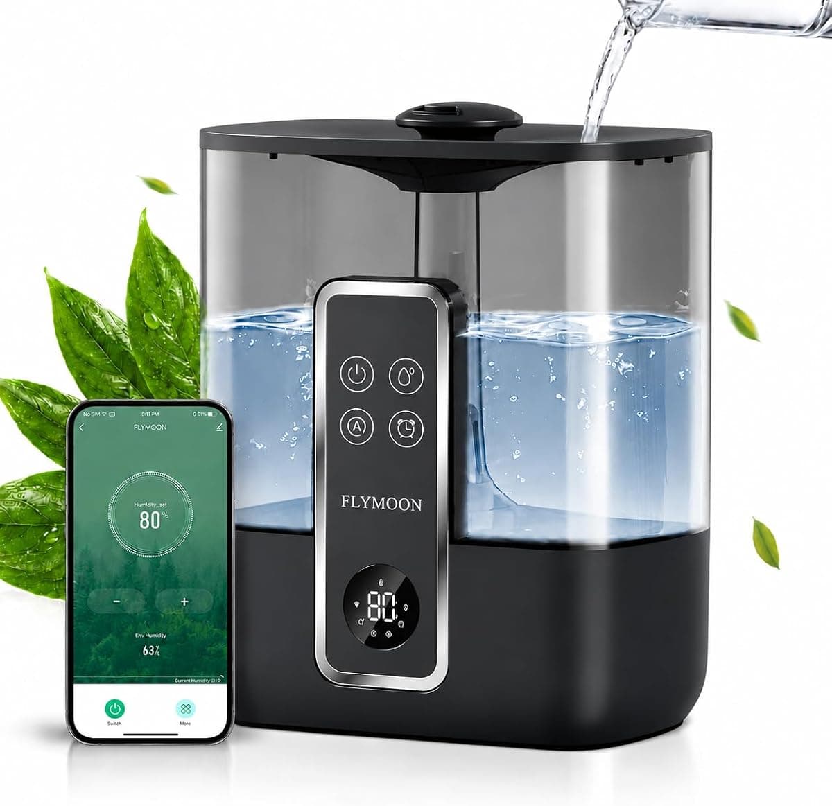 FLYMOON Top Fill 5L Cool Mist Humidifiers with 28dB | Tuya App & Touch Control, Auto-Off, 12H Timer, 50 Hour Runtime, Ultra-fine Mist, Ideal for Bedrooms, Offices
