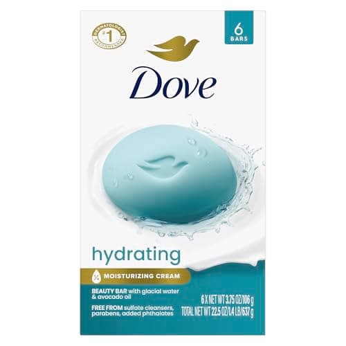 Dove Hydrating Beauty Bar Soap 6 Count, Glacial Water & Avocado Oil, 3.75 oz I Hydrating beauty bar with glacial water and avocado oil for refreshed, soft and healthy-looking skin
