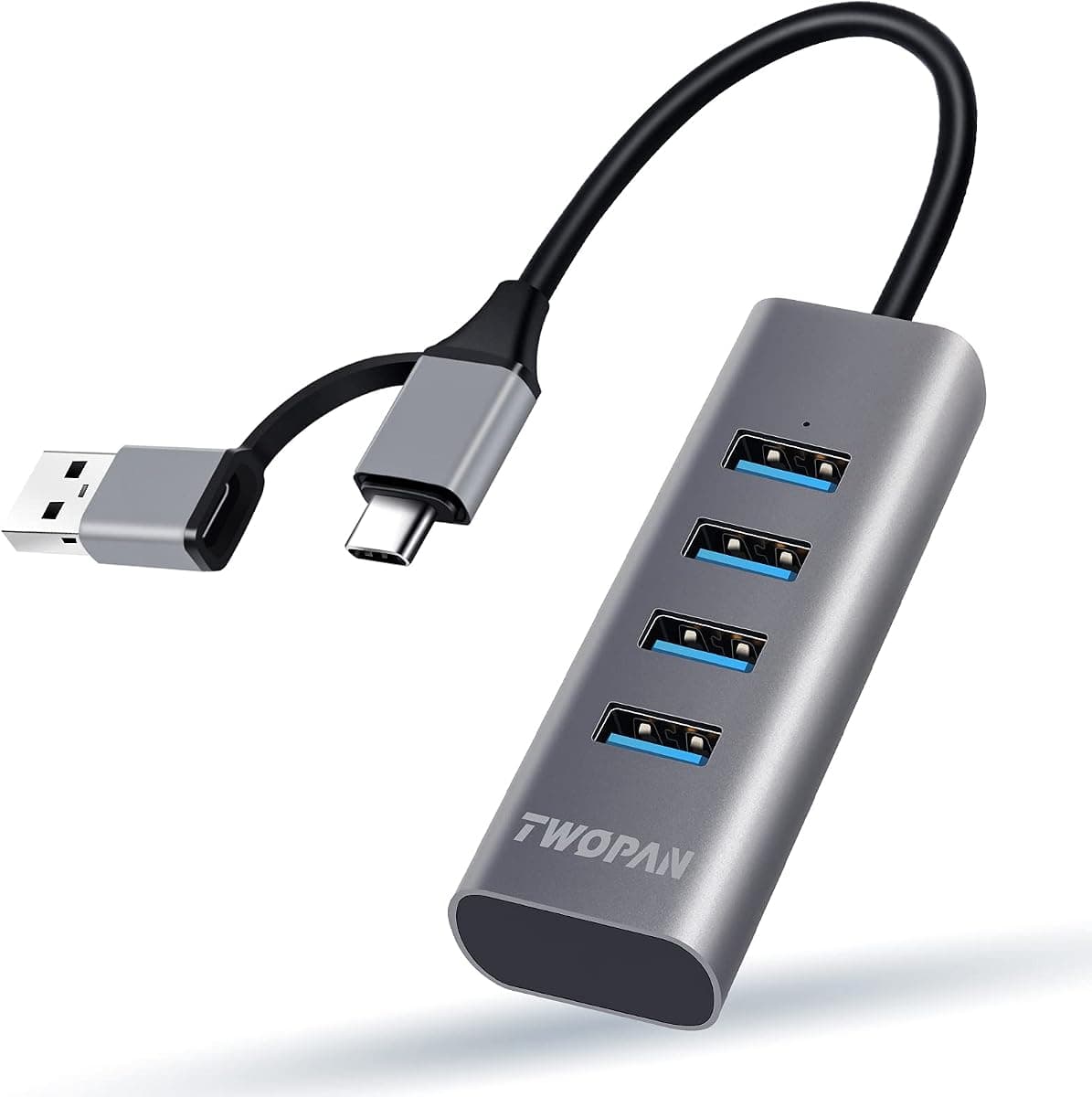 TWOPAN 4-Port USB 3.0 Hub for Laptop, Aluminum Alloy, USB-A & USB-C Plugs, 5Gbps Data Transfer, Compatible with MacBook Pro/Air, iMac, iPhone 16/15, Desktops, Tablets, Keyboard, Mouse, Mobile HDD
