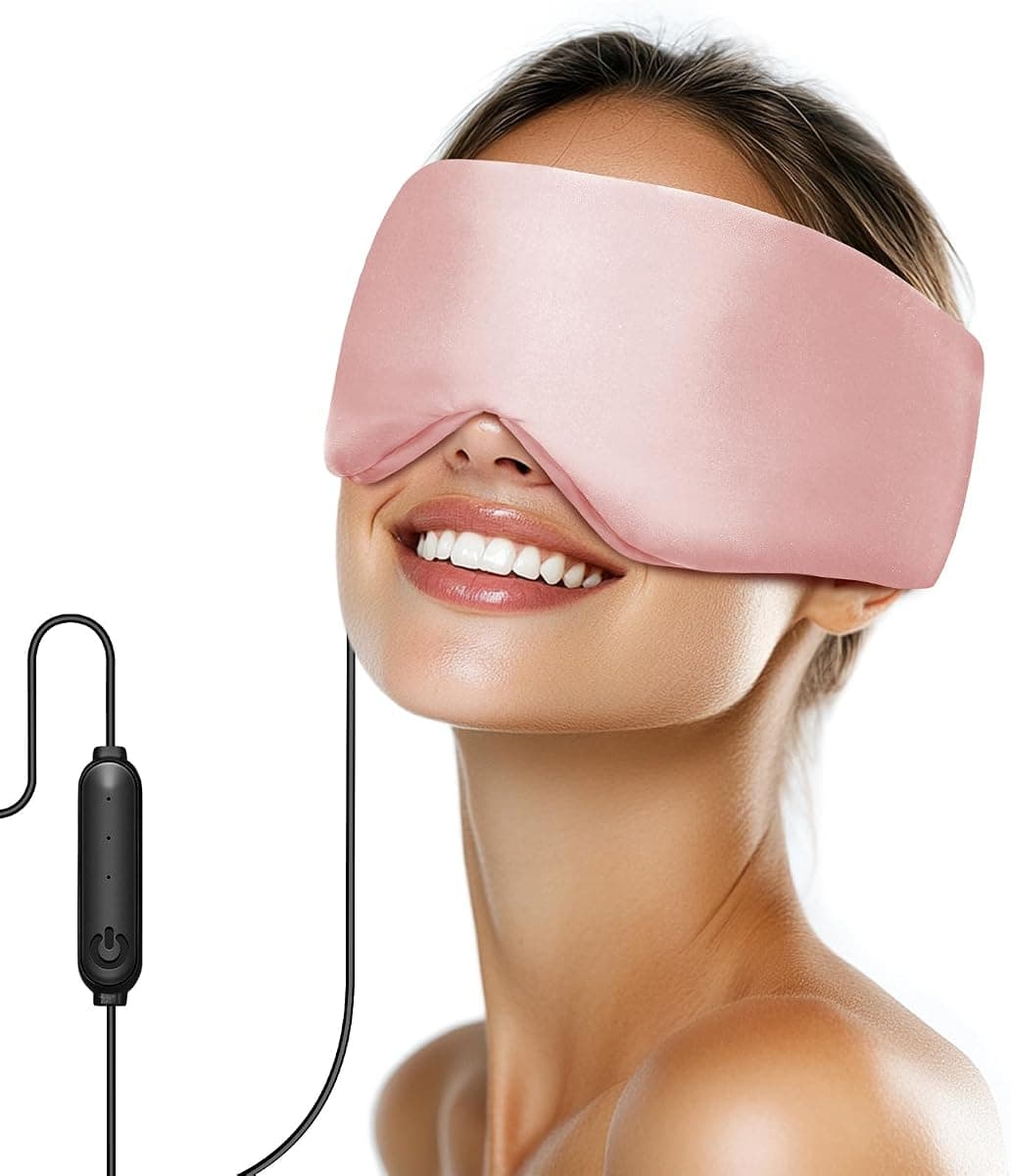 Silk Heated Eye Mask, USB Corded Electric Face Heating Pad for Sinus Pressure Relief, Warm Eye Compress for Dry Eyes, Stye and Tension Headache with 3 Temp Settings & 30-Min Auto Off, Champagne Pink
