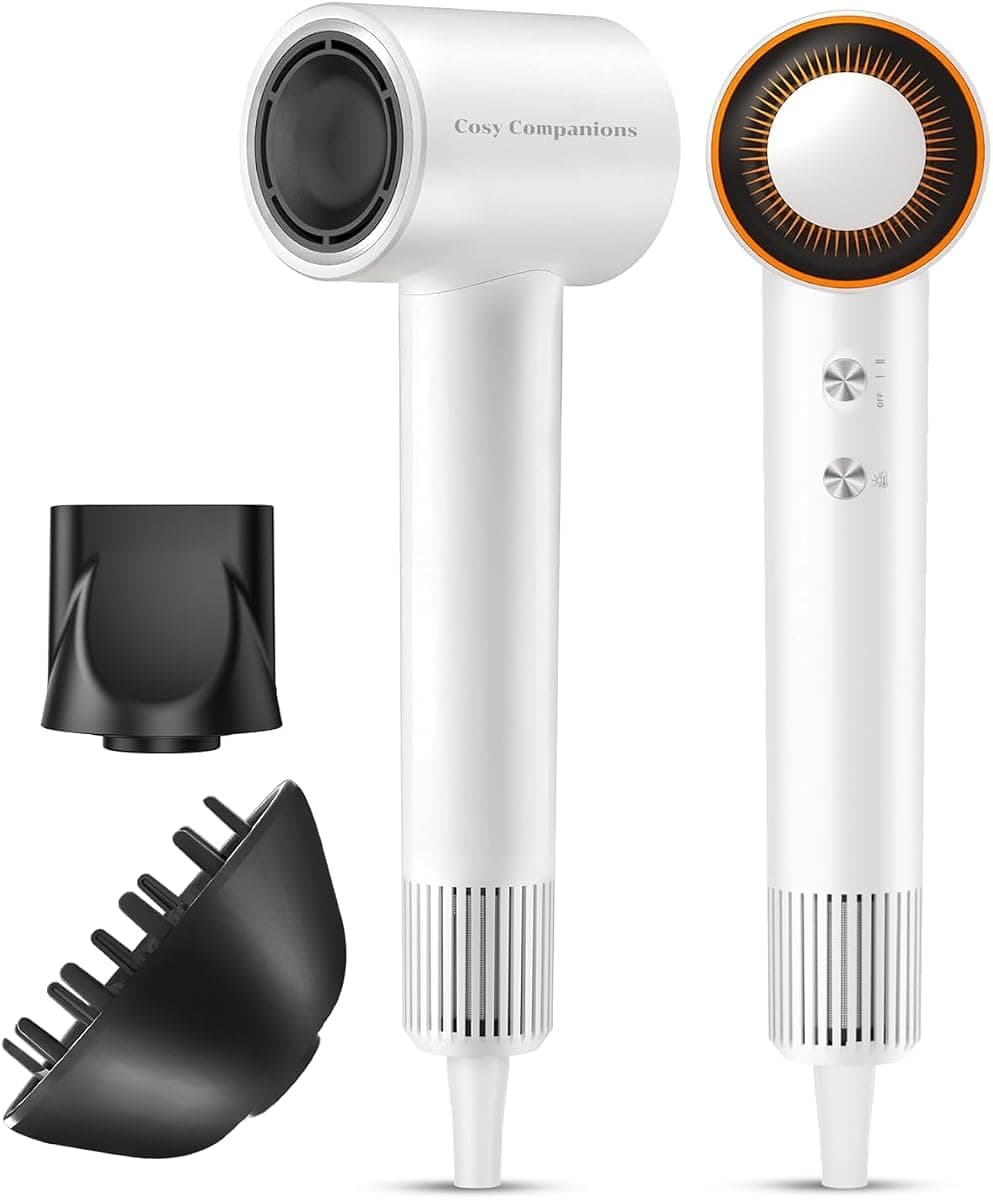 Cosy Companions Hair Dryer, 150000 RPM High-Speed Blow Dryer with 500Million Negative Ions for Fast Drying, Lightweight & Thermo-Control, Hair Dryer with Diffuser, Ideal for Salon & Travel, White