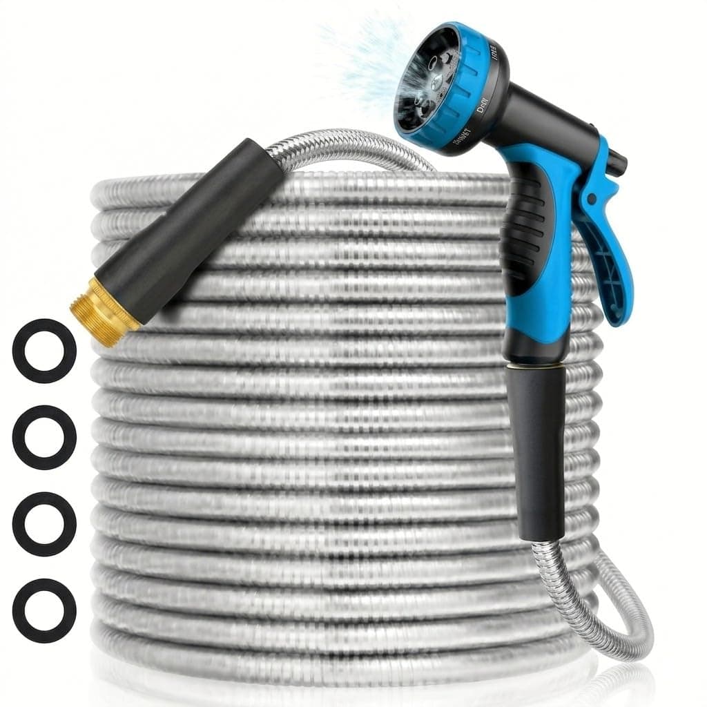 50ft Water Hose, Non Kinking Stainless Steel Hose, Kink Free Flexible 50 Foot Metal Hose for Outside Yard Backyard Lawn, Burst Proof with 10-Pattern Nozzle