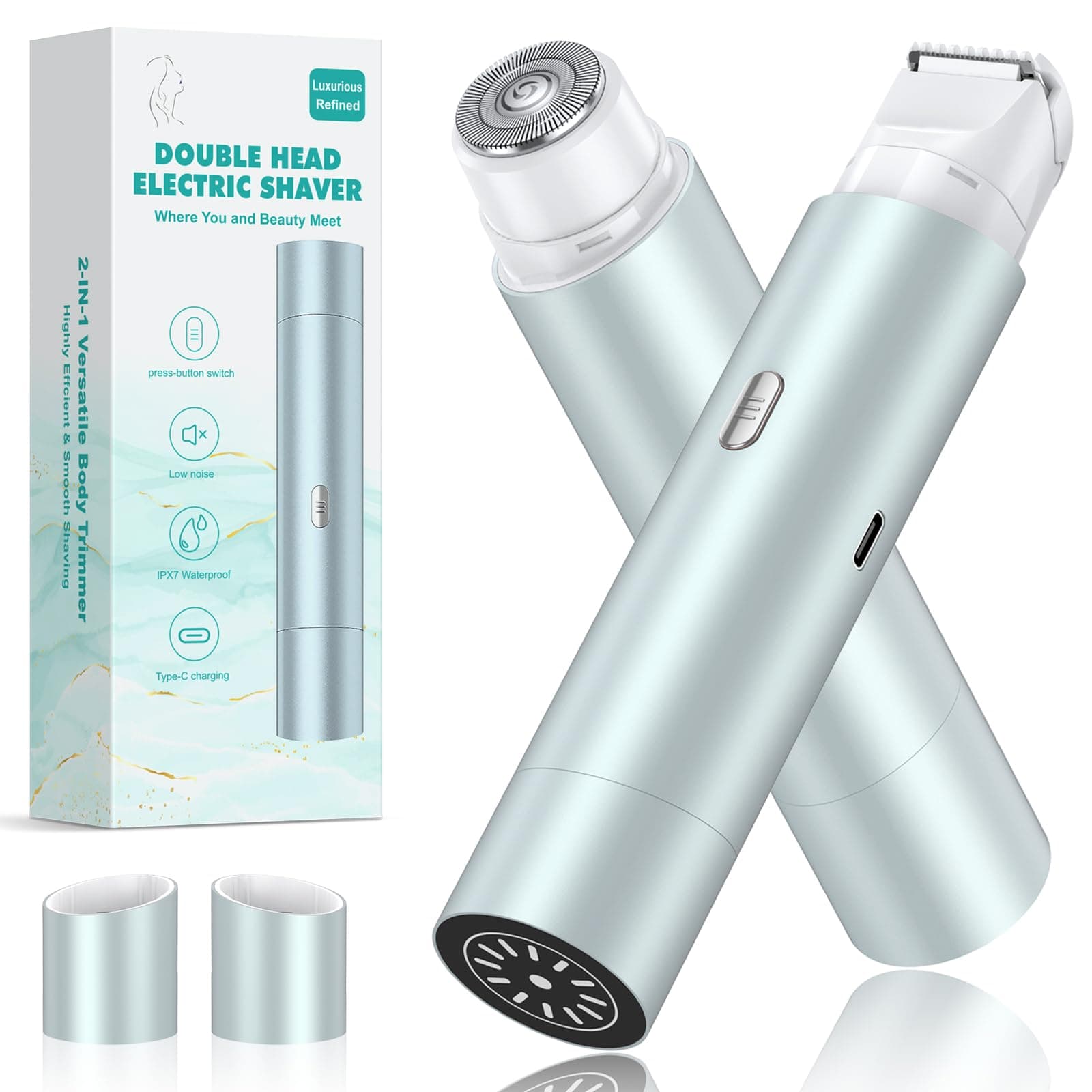Bikini Trimmer for Women, Dual Head Face Shaver Body Hair Trimmmer, IPX7 Waterproof Womens Electric Razor for Legs, Lake Green