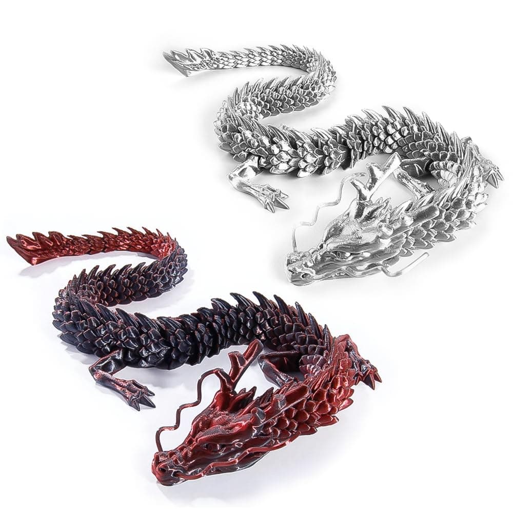 2PCS 12 Inch 3D Printed Dragon Toys,3D Printed Animals,Crystal Dragon Fidget Toy for Kids Ages 3+, Desk Pet Dragon Toy (Silver + Black Red)