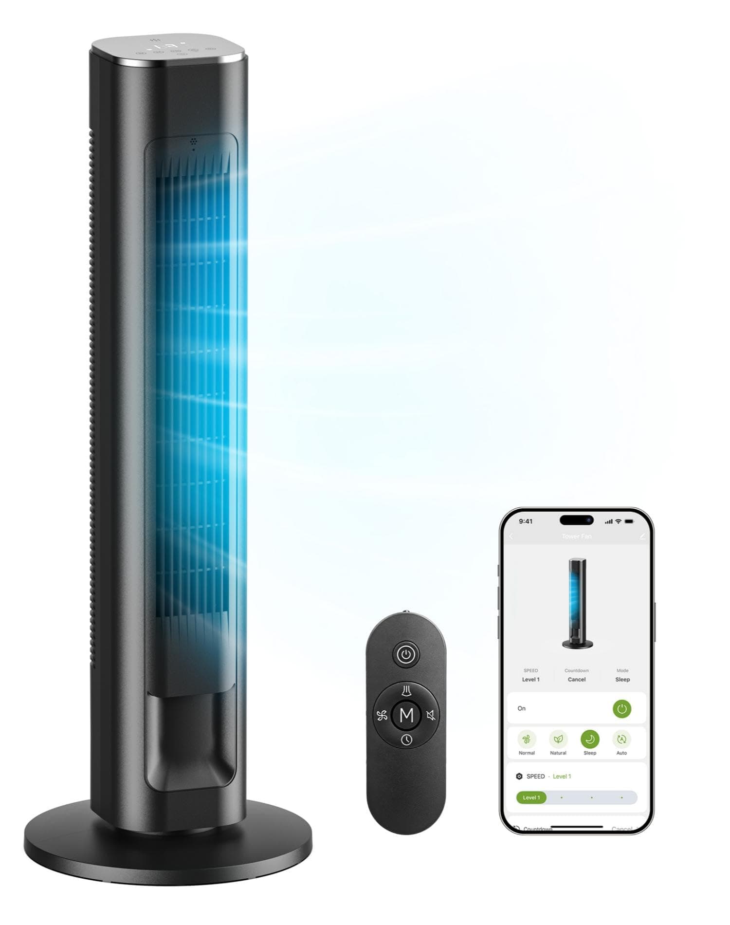 MORENTO Smart Tower Fan for Bedroom with Remote, 36" WiFi Standing Fan, 25dB Ultra Quiet, 90° Oscillating Floor Fan, 4 Modes 4 Speeds & 12H Timer, Compatible with Alexa/Google, Black, 1 Pack