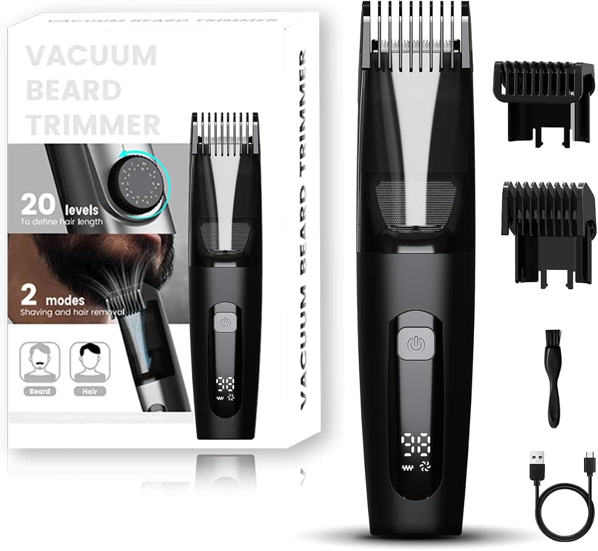 Vacuum Beard Trimmer for Men, No Mess Trimming, 40 Adjustable Lengths Dial, Smooth Ceramic Blade for Sensitive Skin, Waterproof Wet/Dry, LED Display, USB-C Grooming Kit-Matte Black