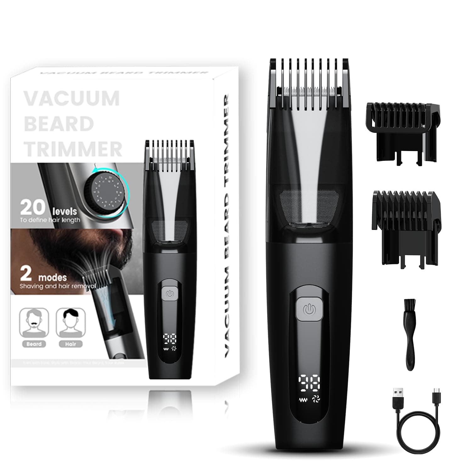 Vacuum Beard Trimmer for Men, No Mess Trimming, 40 Adjustable Lengths Dial, Smooth Ceramic Blade for Sensitive Skin, Waterproof Wet/Dry, LED Display, USB-C Grooming Kit-Matte Black