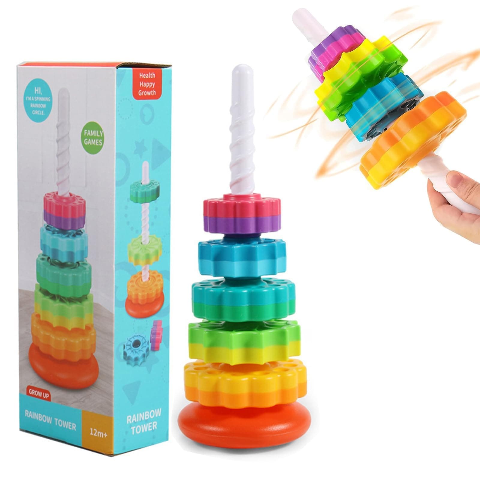 Winbar Baby Spinning Stacking Toys, Spin ABS Plastic and Color Rainbow Design Ring Stacker Baby Toys 6 to 12 Months Montessori Educational Learning Autism Sensory for Boys and Girls | ABS plastic, Montessori Educational, Pay attention to details, Not easy to tip over, The stacking toys, for Boys and Girls