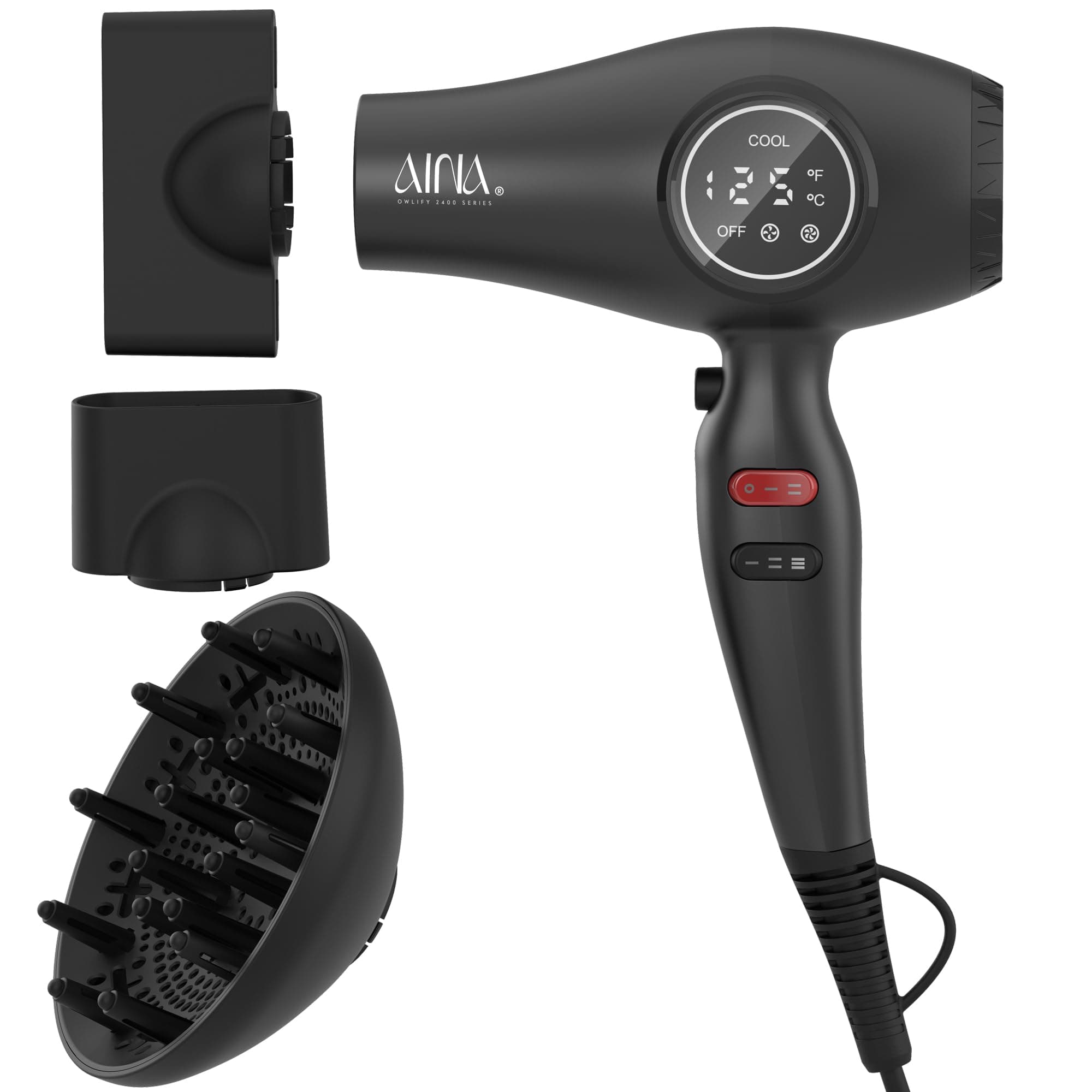 AINA Professional Hair Dryer Diffuser Blow Dryer Salon 110V/1875W(Black) | Ionic;LED display;Cold shut button;Lightweight;Full-Featured Powerful;Brushless Motor;High Speed Airflow