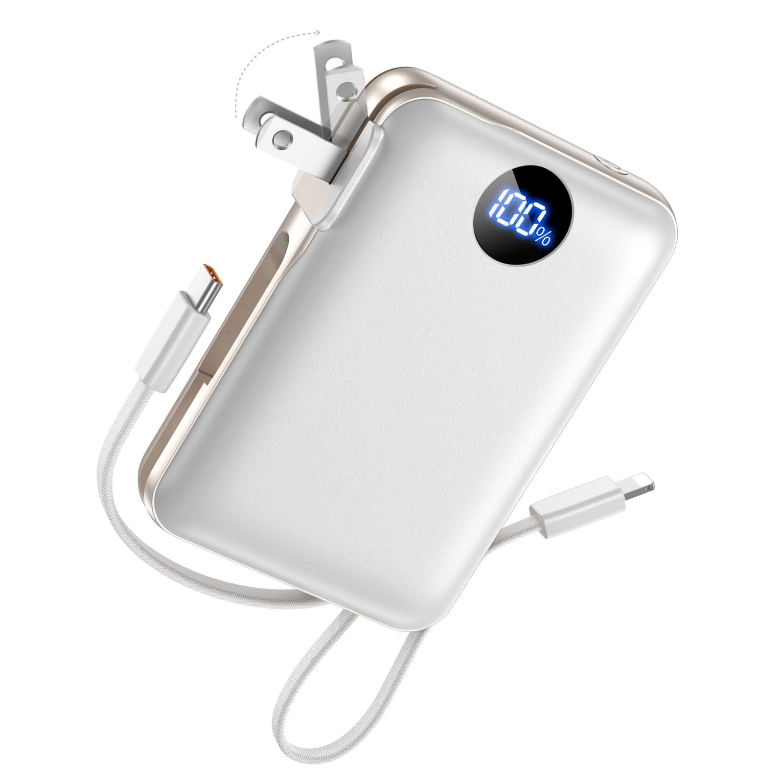 Portable Charger with Built-in Cables & Wall Plug, 10000mAh Power Bank, 4 Outputs 22.5W USB C Fast Charging, Slim Travel Battery Pack with LED Display White