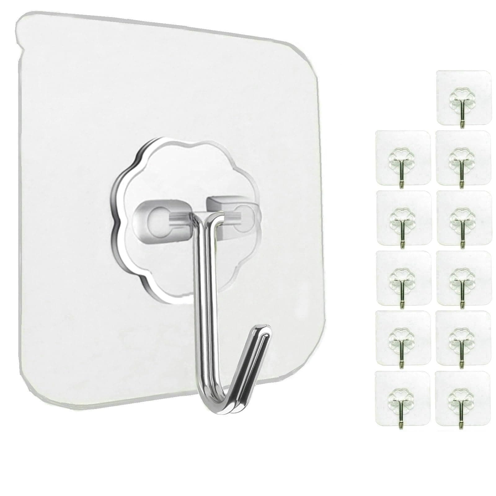 Jwxstore 12 Pack Adhesive Wall Hooks 33LB Heavy Duty No Drill Transparent Waterproof Hooks for Bathroom Kitchen Towel Coat Office Home Outdoor