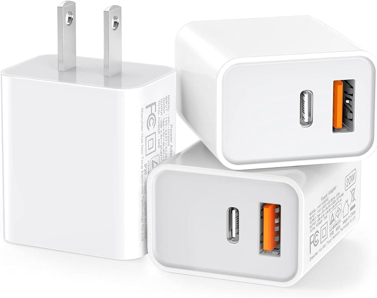 3 Pack USB C Wall Charger, 20W Durable Dual Port QC+PD 3.0 Power Adapter, Double Fast Plug Charging Block for iPhone 14/15/16/17 Pro/Pro Max/Plus, XS/XR/X, Watch Series 8/7 Cube, White