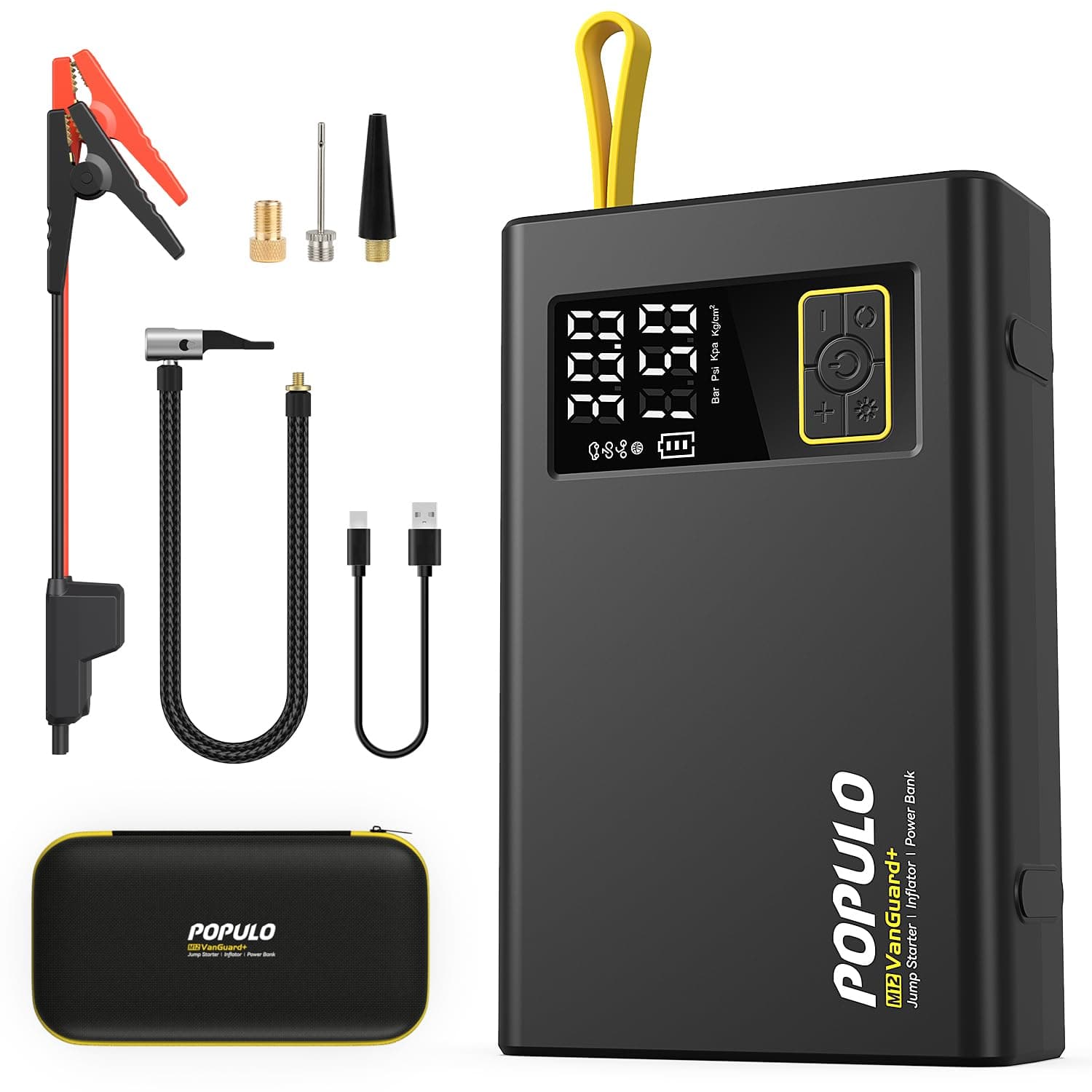 POPULO Car Jump Starter with Air Compressor, 12V 59.2Wh Portable Booster Pack Box with 150PSI Digital Tire Inflator, Extended Smart Clamps, 3000A 4-in-1 Auto Battery Starter (All Gas/12L Diesel)