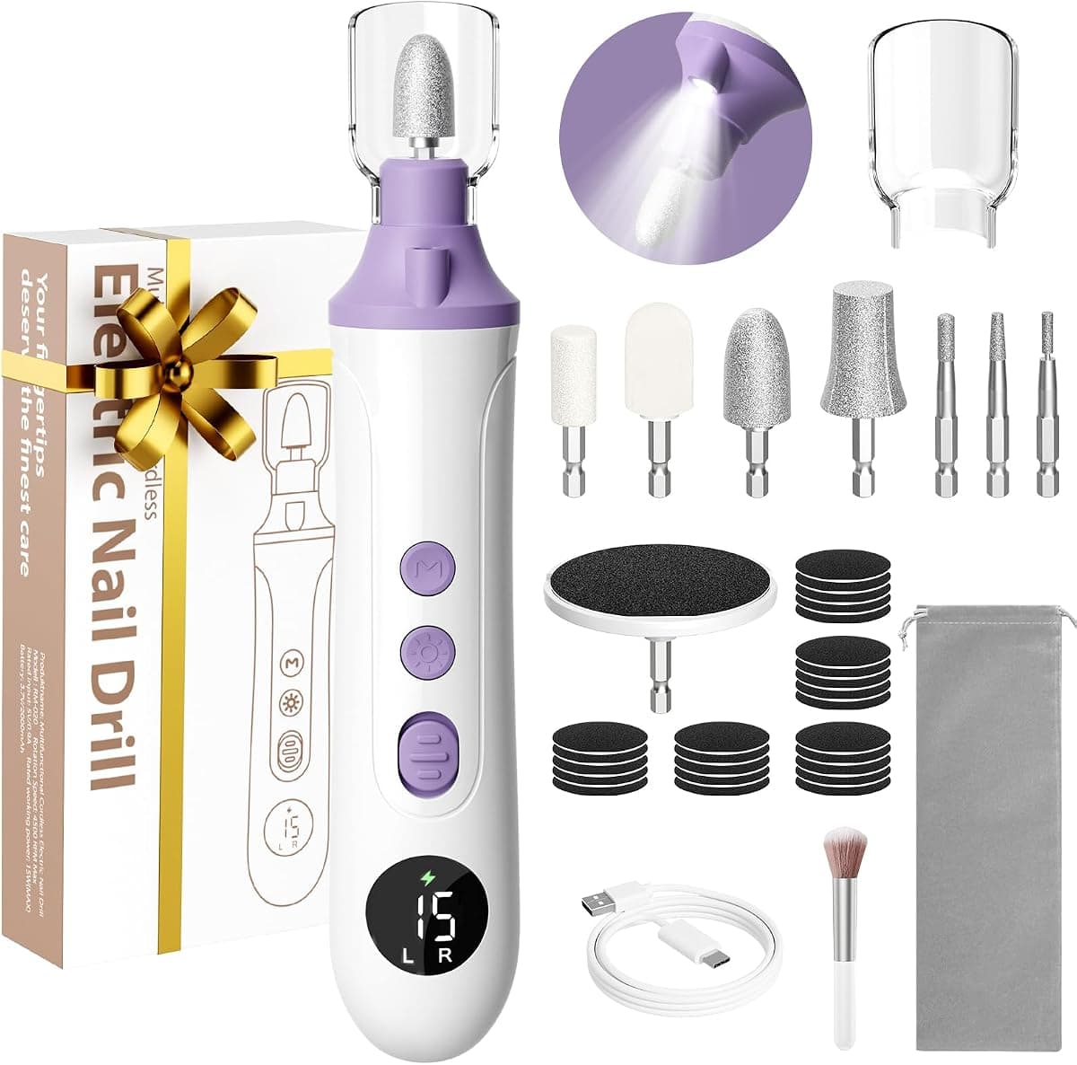 Ccigedy Electric Nail Drill, Professional Cordless Nail File Sander with LCD & Lamp, Rechargeable Toenail Grinder for Women, Manicure Pedicure Kit for Thick Toenails Acrylic Gel Dip Powder Nails