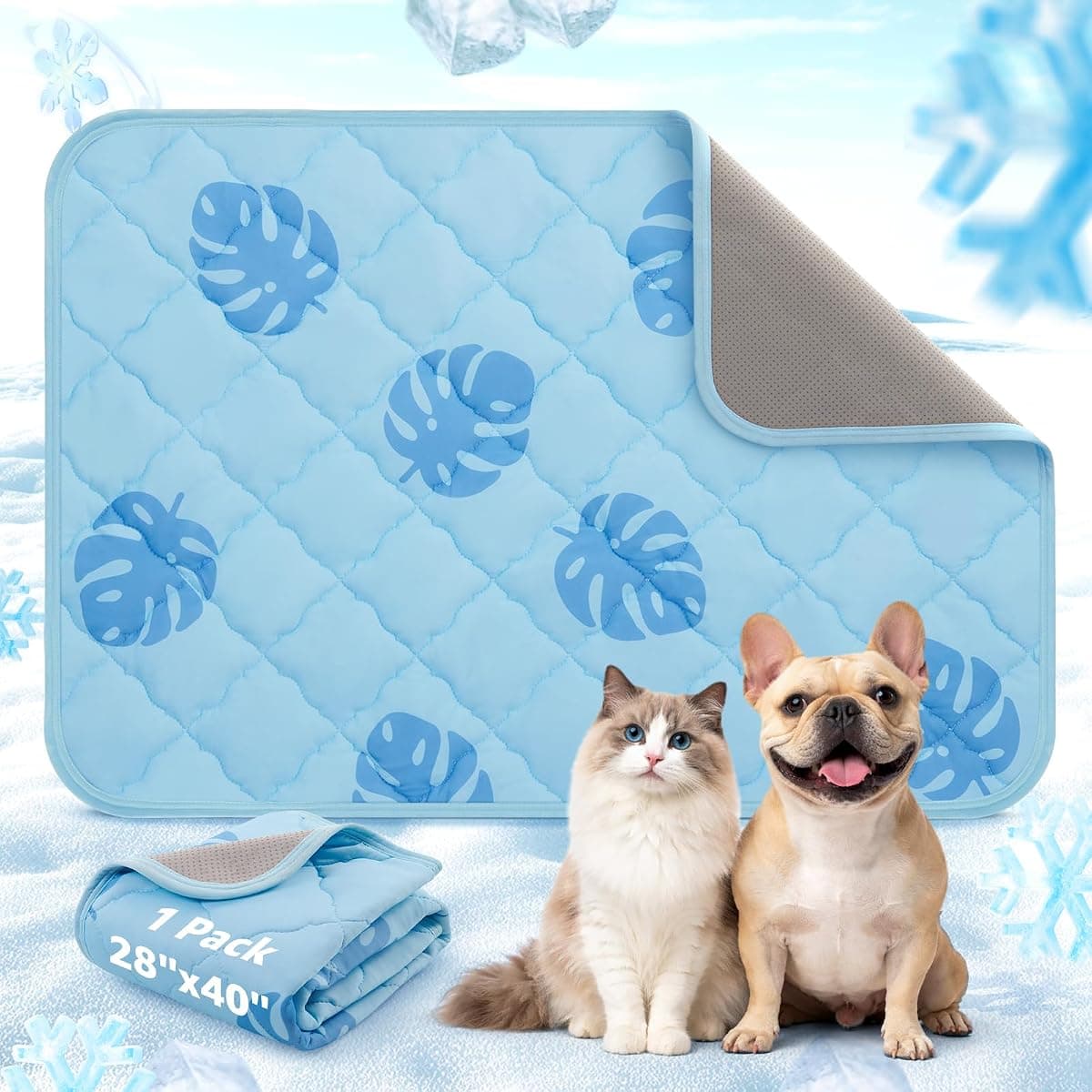LOOBANI Dog Cooling Mat for Small Dogs Cats - 40"x28" Pet Cooling Mat with Anti-Slip Bottom, Waterproof Self-Cooling Dog Pad for Crate, Floor & Car, Grey Monstera (Blue, 40"x28")