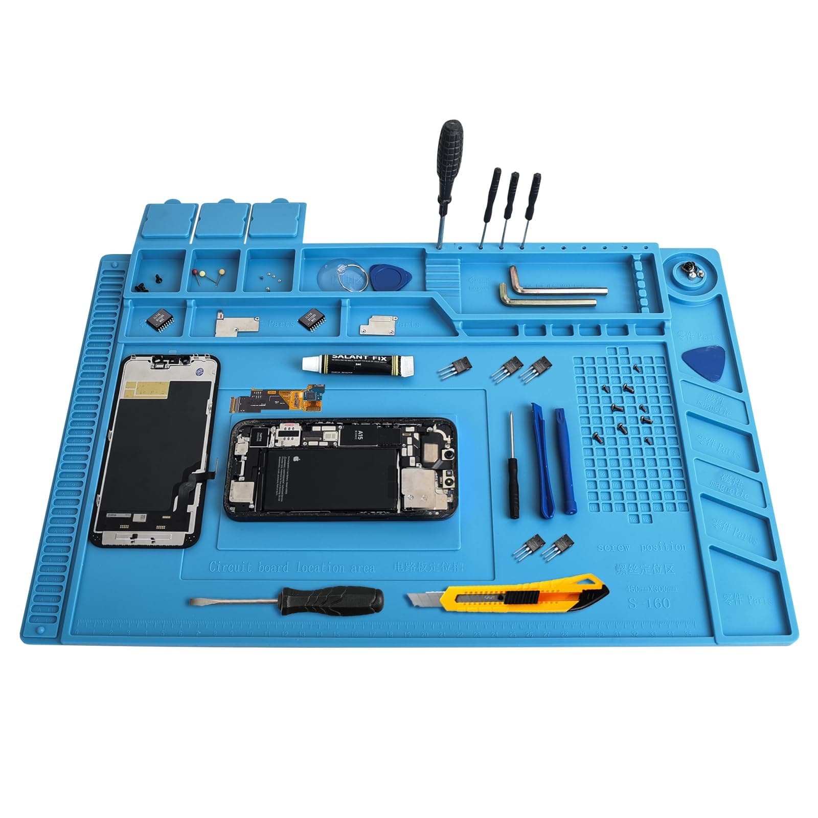 Professional Silicone Soldering Pad 932°F Heat-Resistant - 17.7“ x 11.8” Anti-Static Repair Workstation with Magnetic Area and Electronics Screw Storage Box