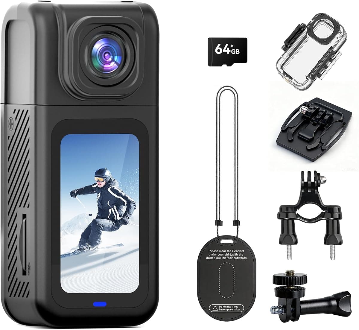 4K Thumb Action Camera with 180° Rotatable Lens, 38.3g Ultra-Light Mini Wearable POV Camera, Portable Vlogging,Helmet Cam for Cycling,Motorcycle (with 64G-Card, Black)