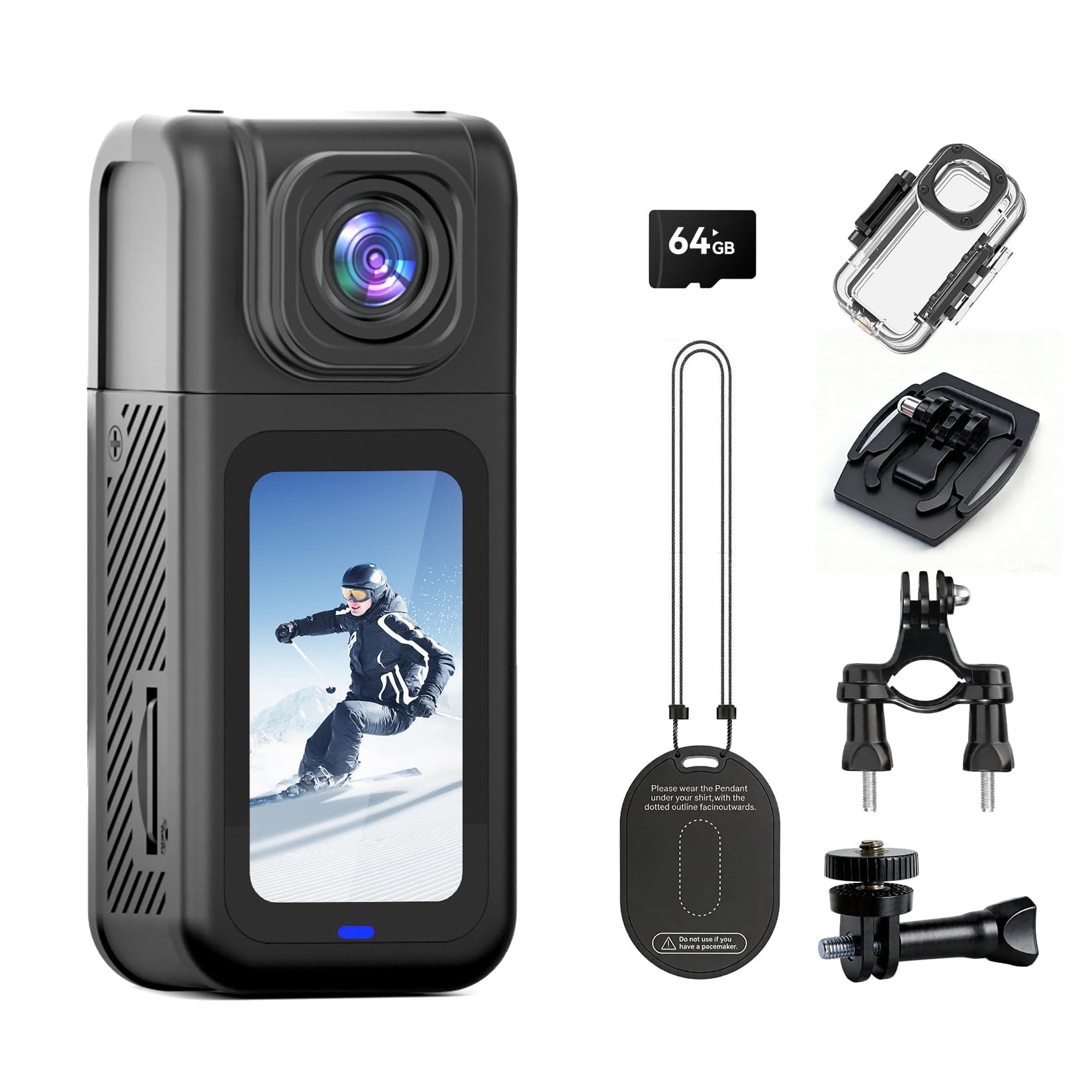 4K Thumb Action Camera with 180° Rotatable Lens, 38.3g Ultra-Light Mini Wearable POV Camera, Portable Vlogging,Helmet Cam for Cycling,Motorcycle (with 64G-Card, Black)