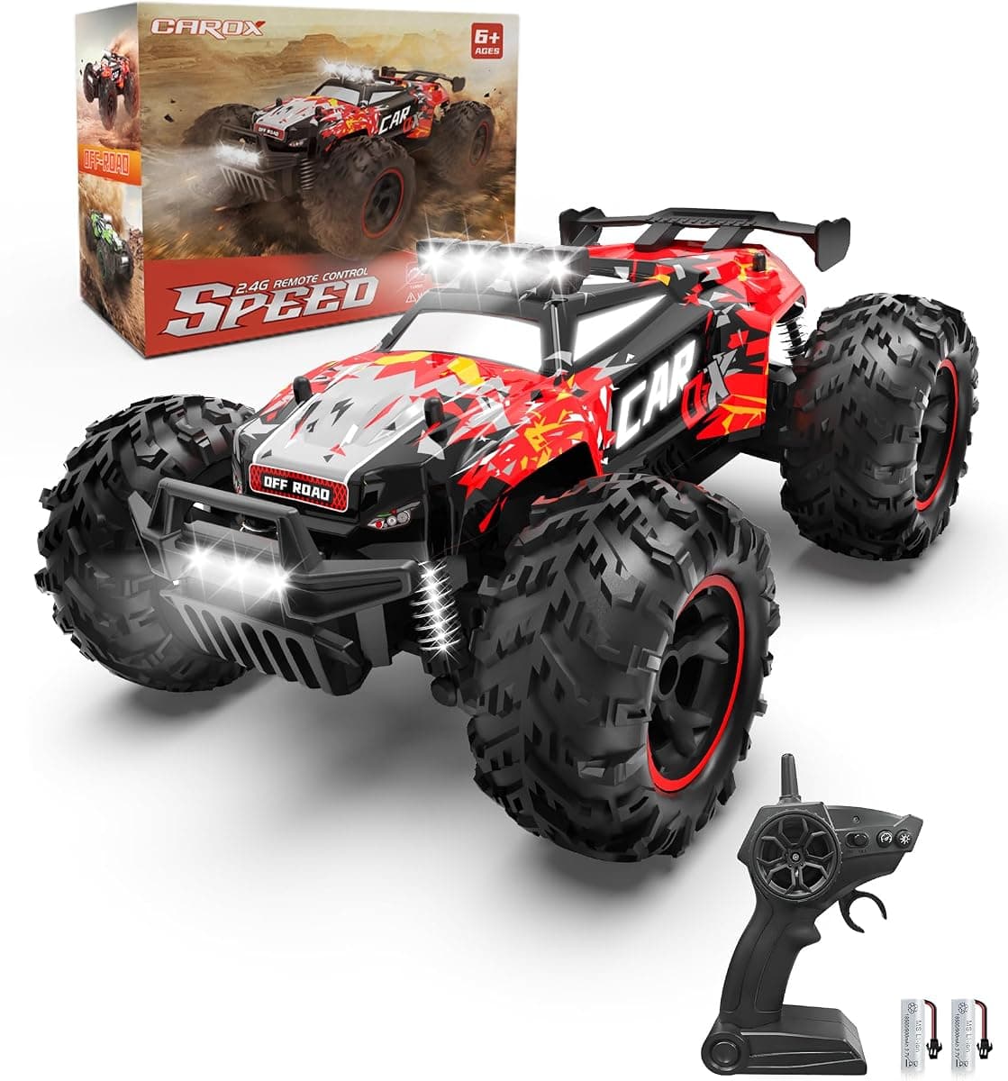 Carox Remote Control Car, 2.4GHz 26KM/H High Speed RC Car, 1:18 Off-Road Monster Truck with LED Lights, Proportional Throttle – Ideal Gift for Boys 6+ (RED)