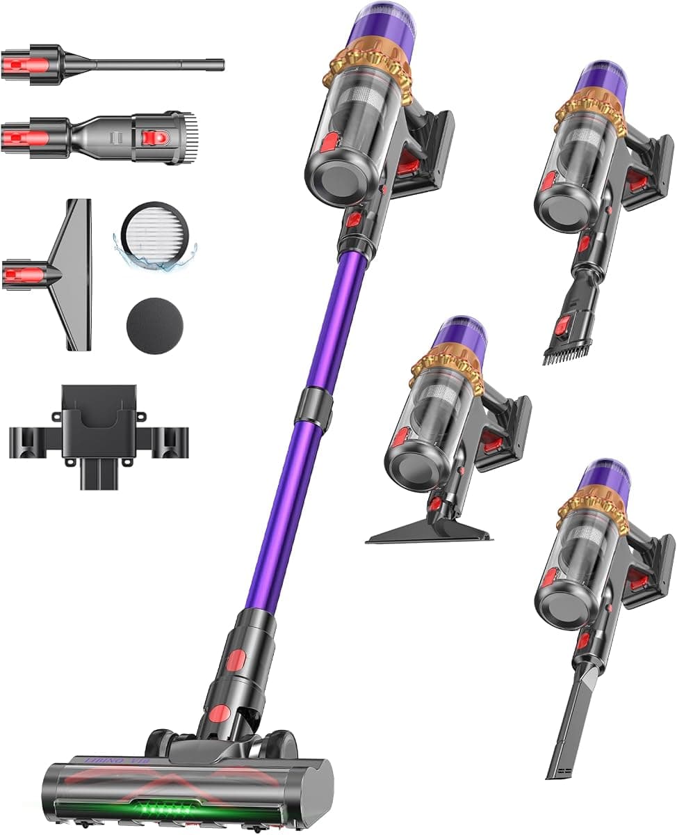 Cordless Vacuum Cleaner, 650W 55KPA 70Mins Anti-Tangle Wireless Vacuum,Rechargeable Vacuum with Green Light,Powerful Stick Vacuum for Home Carpet/Hardwood Floors,Purple