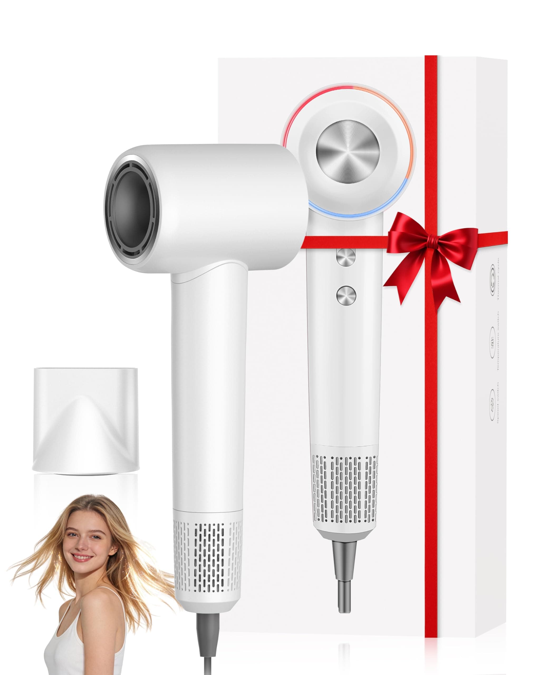 Ionic Hair Dryer, 150,000 RPM High-Speed Professional Blow Dryer for Fast Drying, 500M Negative Ions & Thermo-Control, Magnetic Nozzle, Low Noise & Lightweight for Home and Travel, White