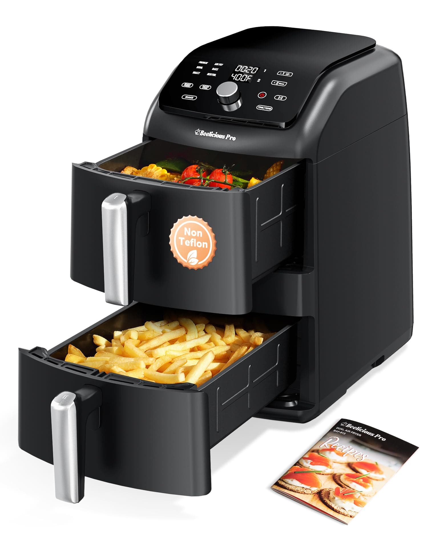 12QT Large Double Air Fryer, Family-Size Dual Airfryer with 2 Baskets, SyncHeat Even Heating, Stacked Compact Design, Smart Finish & Match Cook, PFAS-Free Nonstick, Dishwasher-Safe, Black