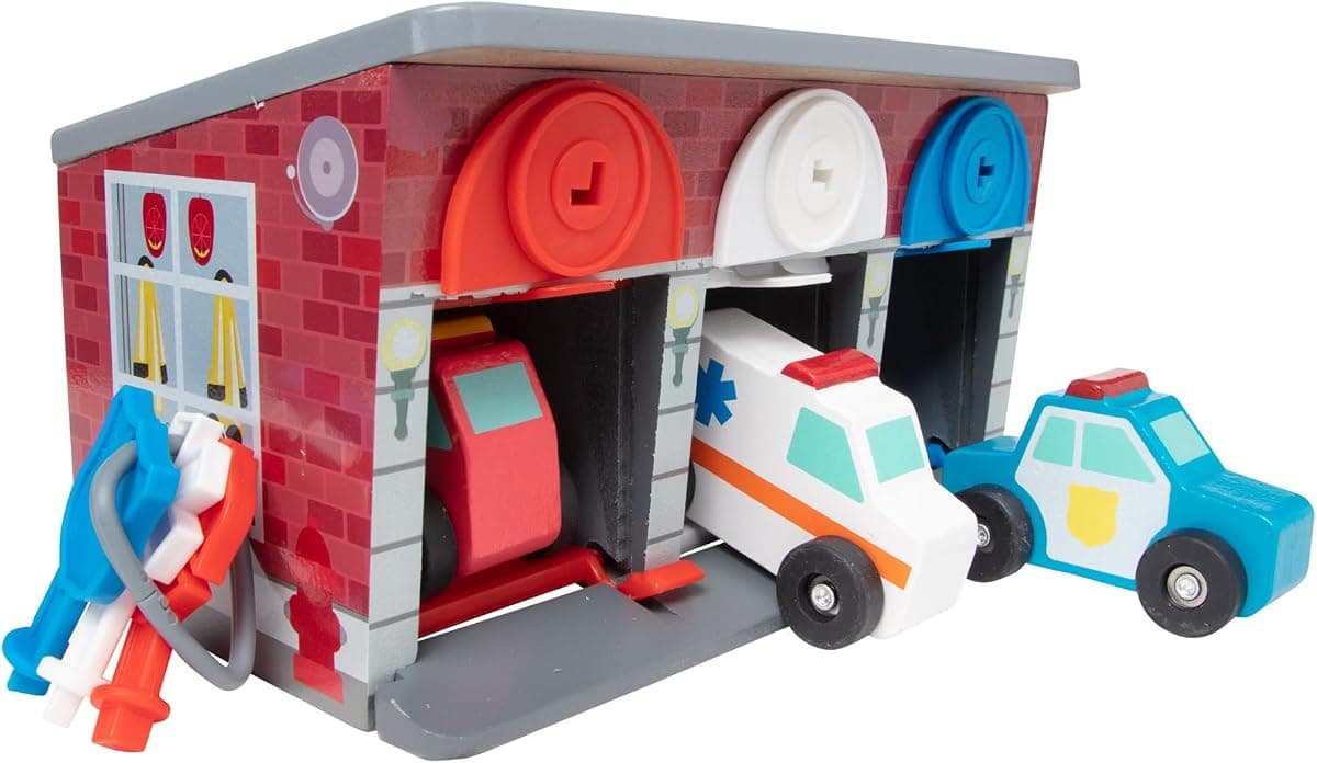 Melissa & Doug Toy Keys and Cars Wooden Rescue Vehicles and Garage (7 pcs) Toddler Pull Back Toys, Toy Garage for Kids Ages 3+