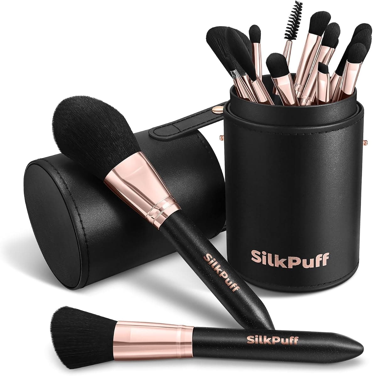 Silkpuff Makeup Brushes Set 15 Pcs Professional, Travel Makeup Brushes With Brush Case, Pearlescent Wood Handle, Premium Cruelty-Free Synthetic Fiber Hair, Foundation Concealer Eye Shadow Blush（Black）