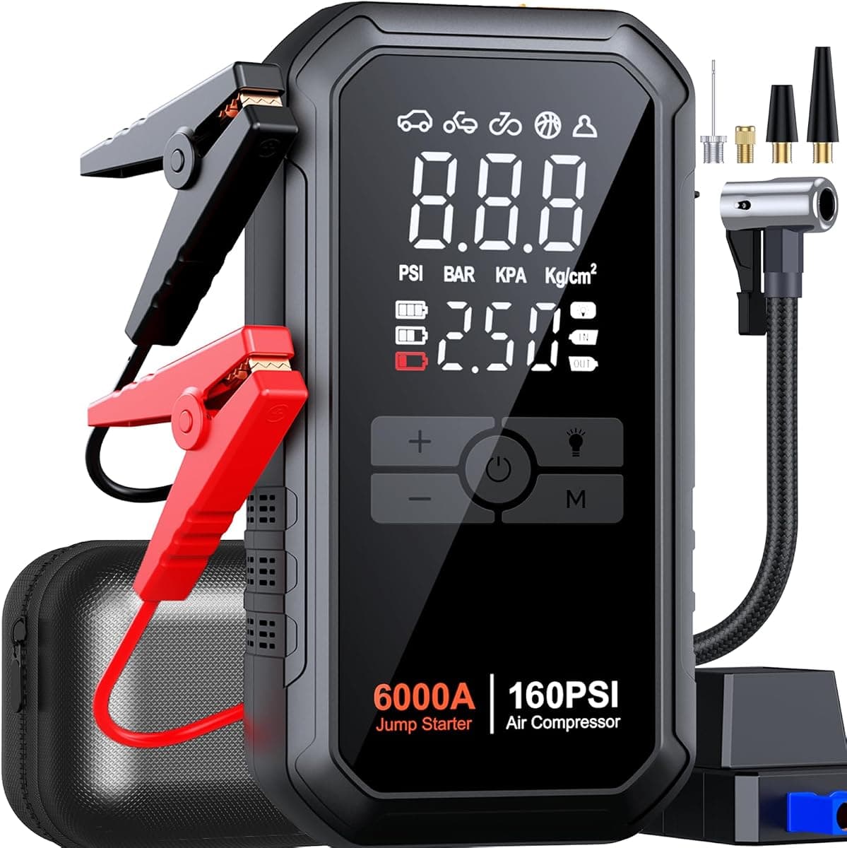 Portable 10-in-1 Car Battery Jump Starter with Air Compressor 6000A 160PSI Portable Car Jumper Starter (All Gas 12L Diesel), 12V Jump Box Car Battery Jump Starter Portable Jumper Cables, Lights