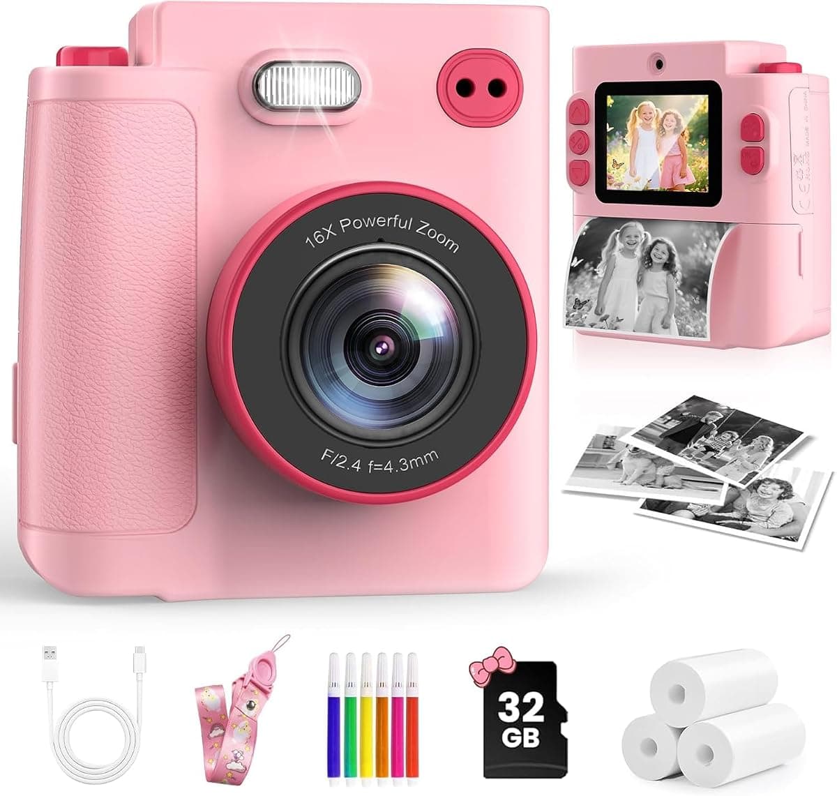 Kids Instant Print Camera – 1080P HD Digital Camera for Boys & Girls Ages 3–10 | Photo, Video, Music & Games | Includes 32GB SD Card – Perfect Birthday (Pink)