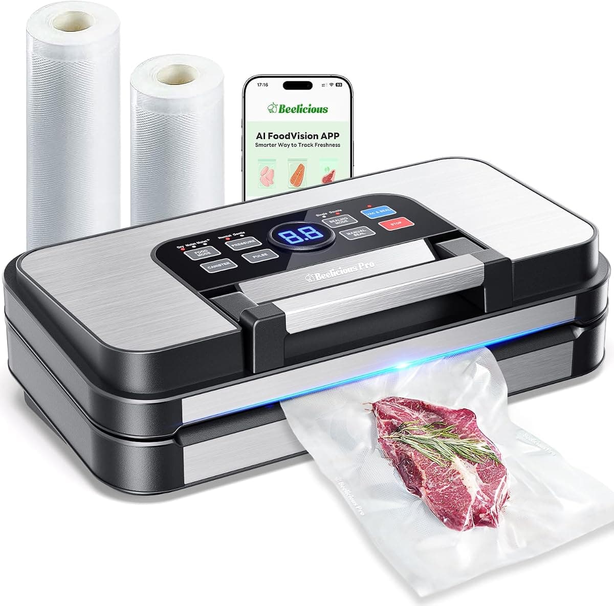 95Kpa Precision Pro Vacuum Sealer, with Double Heat Seal & Dual-Pump for Dry/Moist Food, 2X Strength, Food Vacuum Sealer Machine with Easy-Lock Handle, Built-in Cutter & Bag Storage, Stainless Steel