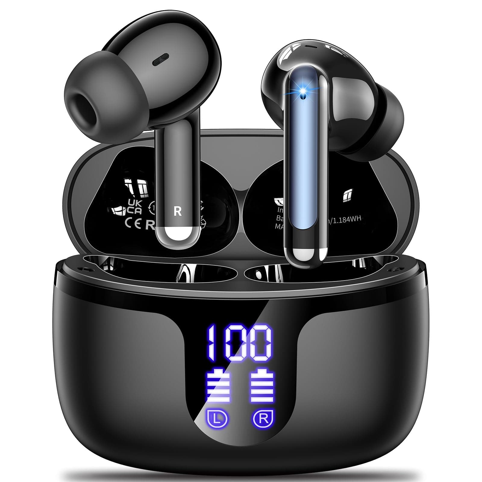 Wireless Earbuds, Bluetooth 5.4 AOVOCE Headphones with ENC Noise Cancelling Mic, LED Display 48H Playtime, IPX7 Waterproof in-Ear Bluetooth Earbuds for Sports Work Phone Laptop, for iOS Android, Black