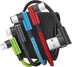 Travel Vacation Essentials Multi Charging Cable, Right Angle 4 in 1 Charging Cable, Long Phone Charger Cords with IP/Type C/Type C/Micro Port, Compatible with Most Cell Phones and More (1Pack 5FT)