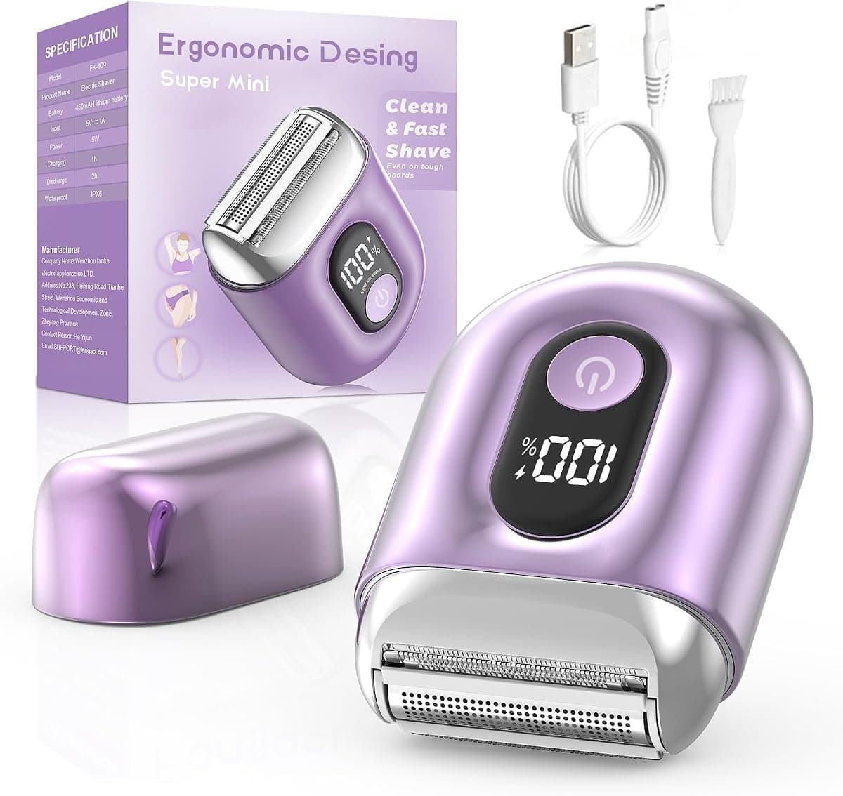Cordless Electric Shaver for Women: Mini Electric Razors with LED Display - Rechargeable Bikini Trimmer -Beginner IPX7 Waterproof Wet Dry Face Razor for Body Pubic Leg (Light Purple)
