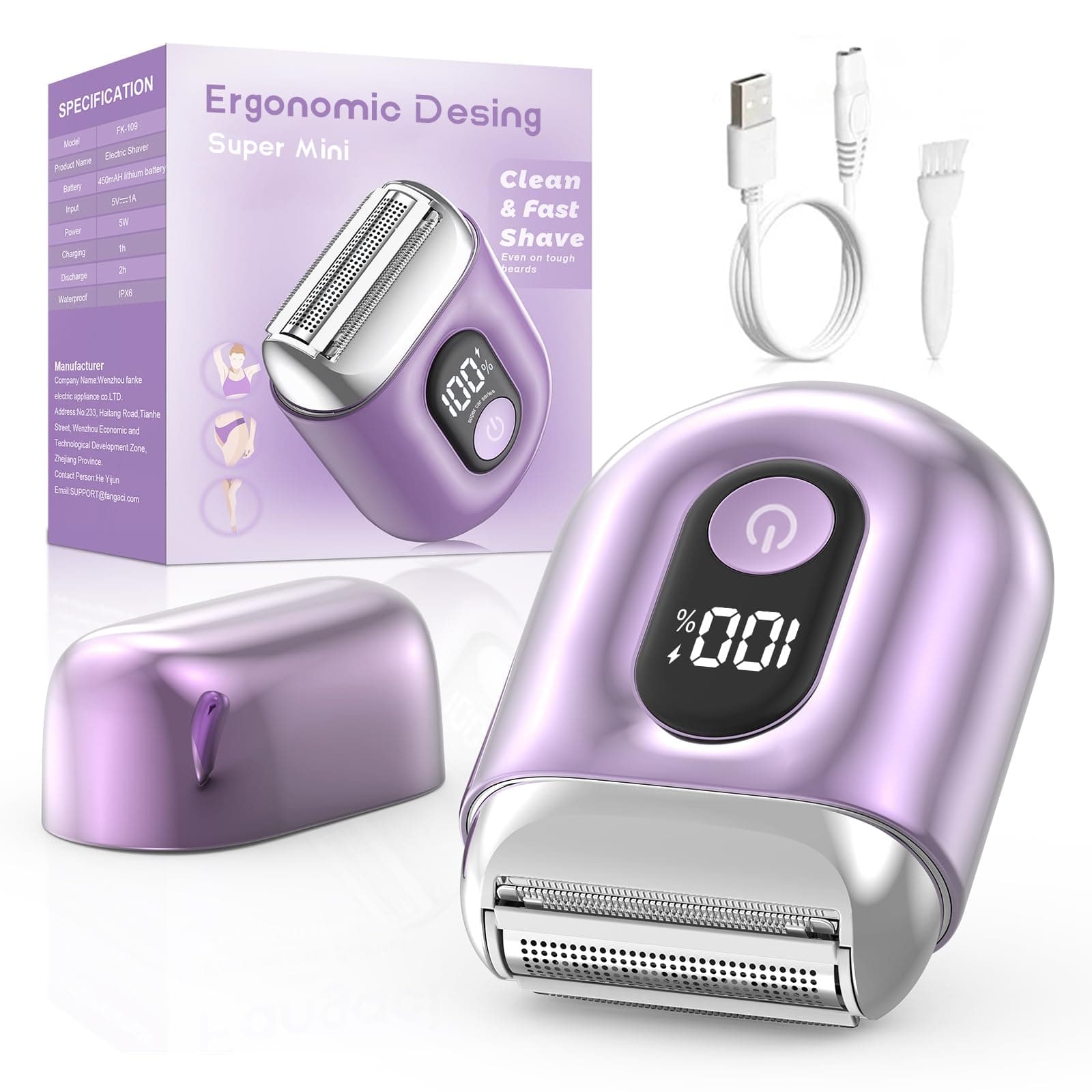 Cordless Electric Shaver for Women: Mini Electric Razors with LED Display - Rechargeable Bikini Trimmer -Beginner IPX7 Waterproof Wet Dry Face Razor for Body Pubic Leg (Light Purple)