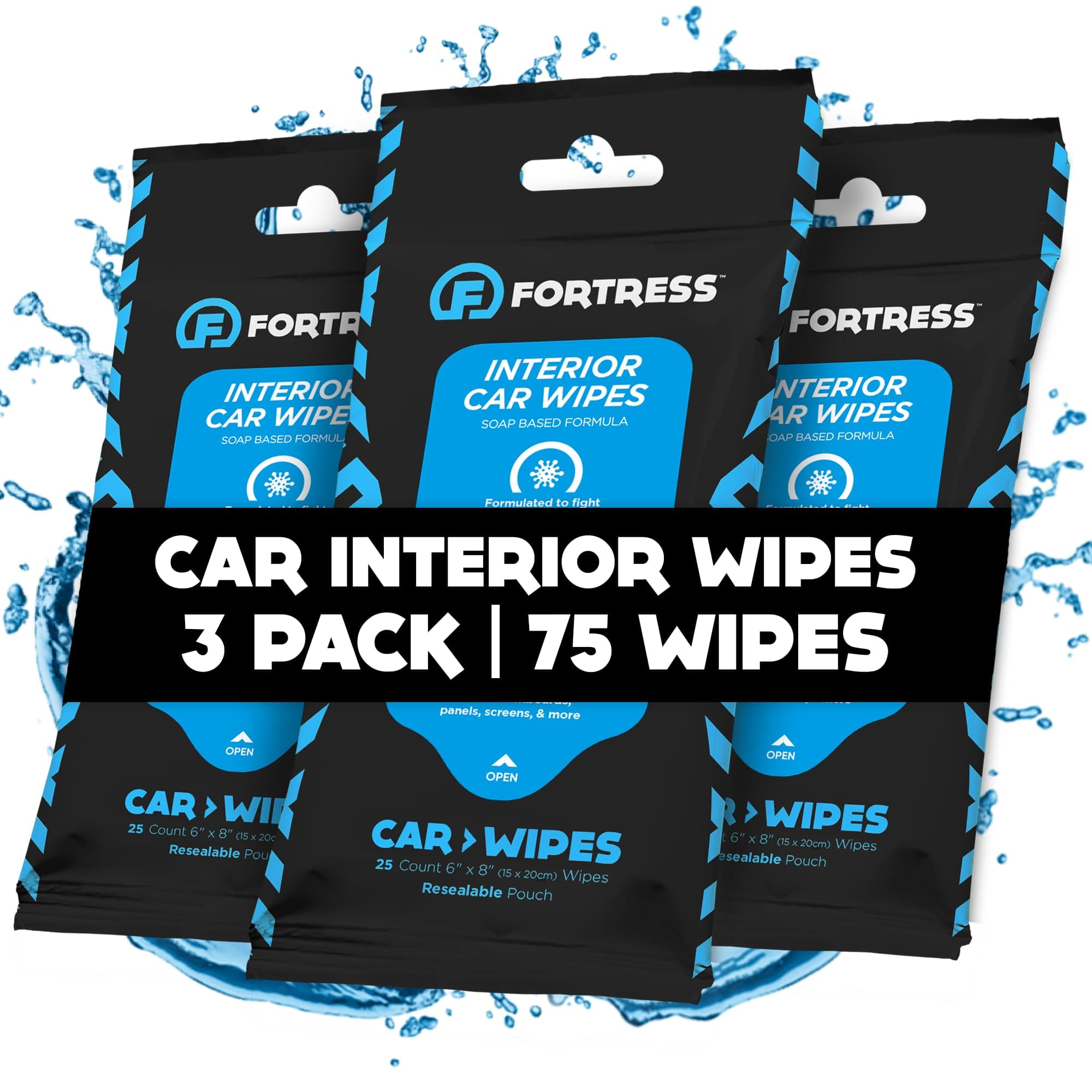 Fortress Car Interior Wipes (25 ct, Pack of 3) for Car Interior Cleaning, Dashboard, Seats, Detailing, and Steering Wheel [Travel Size] Skin-Safe Car Interior Cleaner Supplies