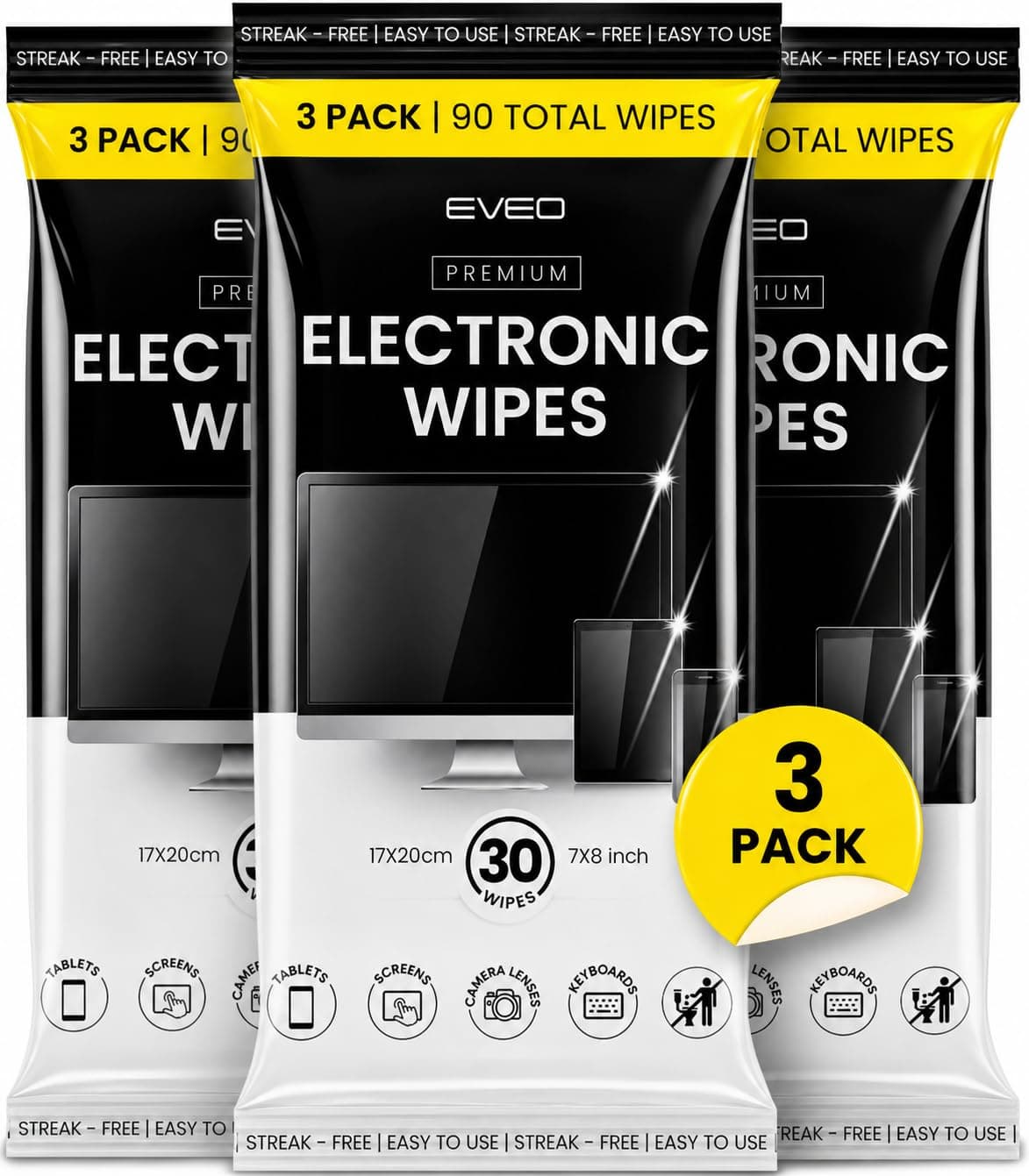 EVEO Electronic Wipes Screen Cleaner - Screen Wipes TV Screen Cleaner Wipes, Computer Screen Wipes, Laptop Screen Cleaner, ipad & Monitor Cleaner, Screen Cleaning Wipes - [90 Wipes + Microfiber Cloth]