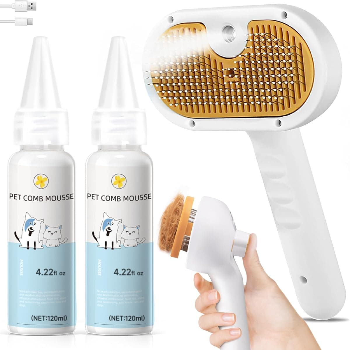 Pet Steam Brush for Dog & Cat – 3-in-1 Spray Hair Removal Comb for Shedding & Grooming, Softens Fur & Reduces Static – Water Brush for Long & Short Coats, Bath-Hating Pets, Includes Waterless Shampoo