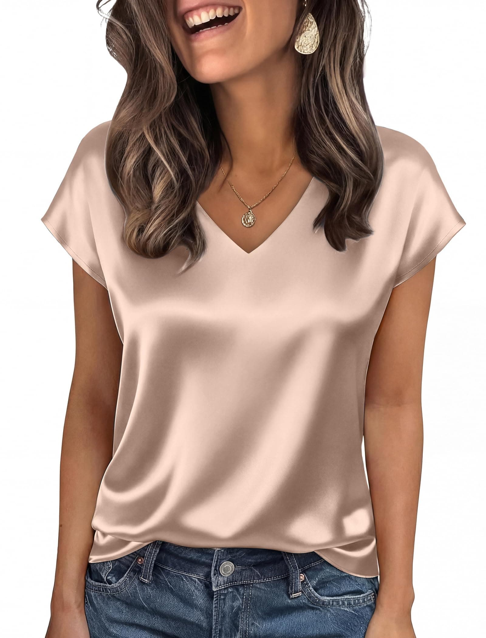 WIHOLL Womens Satin Summer Tops Cap Short Sleeve Blouses V Neck Shirts Business Casual Outfits Fashion Clothing 2026
