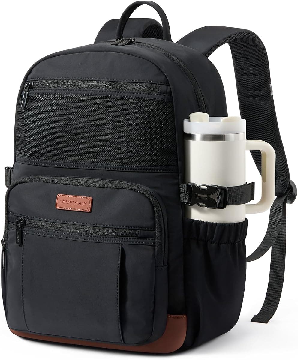 LOVEVOOK Laptop Backpack for Women Men with Giant Tumbler Holder - DIY Cute 15.6Inch Work Computer Travel Backpack with Laptop Compartment, Large Capacity College Commuter Teacher Purse Bag, Black
