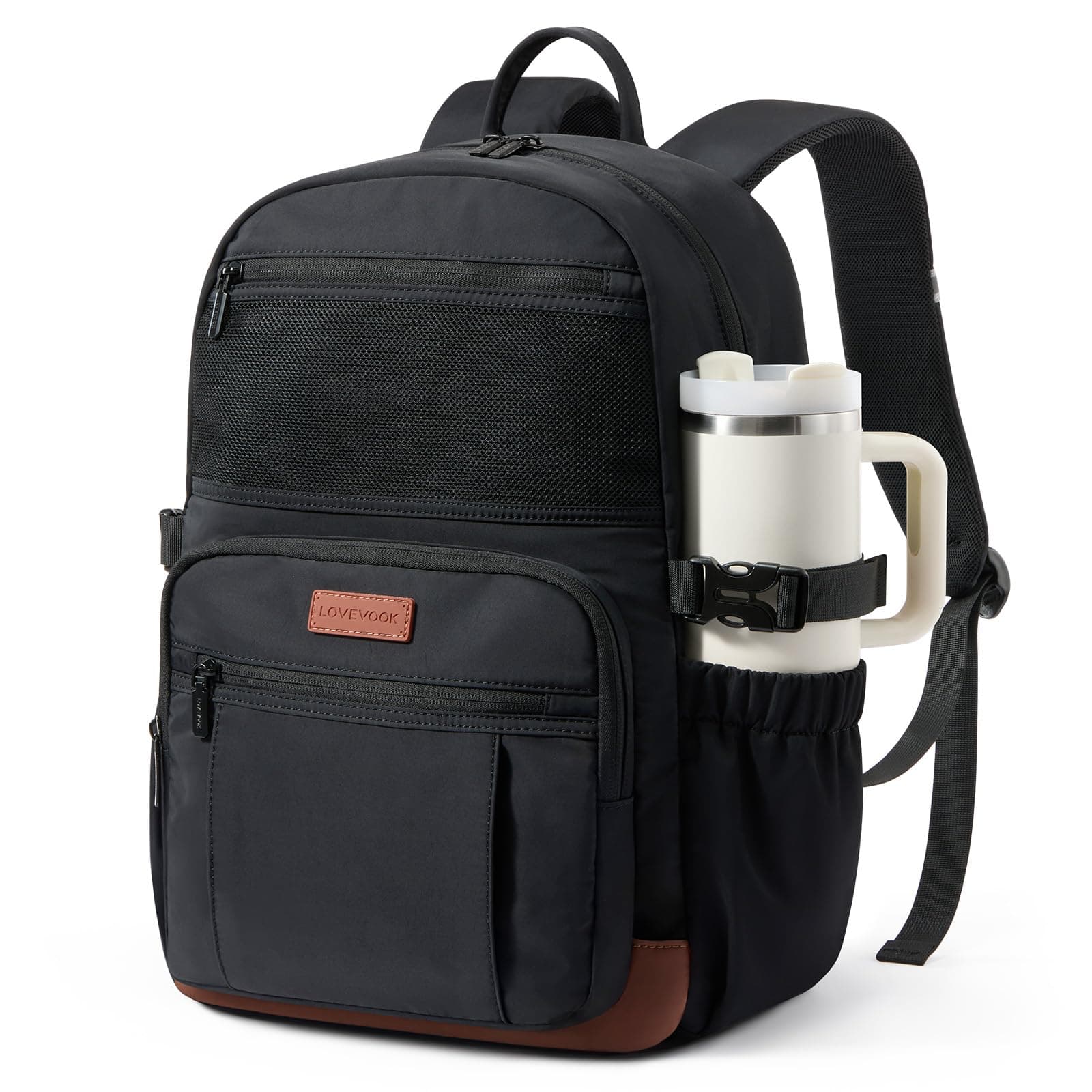 LOVEVOOK Laptop Backpack for Women Men with Giant Tumbler Holder - DIY Cute 15.6Inch Work Computer Travel Backpack with Laptop Compartment, Large Capacity College Commuter Teacher Purse Bag, Black