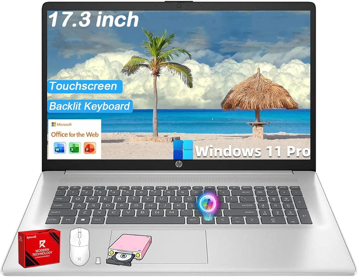 HP 17 Touchscreen Laptop Computer, AMD Ryzen 5 7430U, 32GB RAM, 1TB SSD, Backlit Keyboard, 17.3 Inch Large Anti-Glare Display, Wi-Fi 6, AI Copilot, Windows 11 Pro, Business & Student Computer