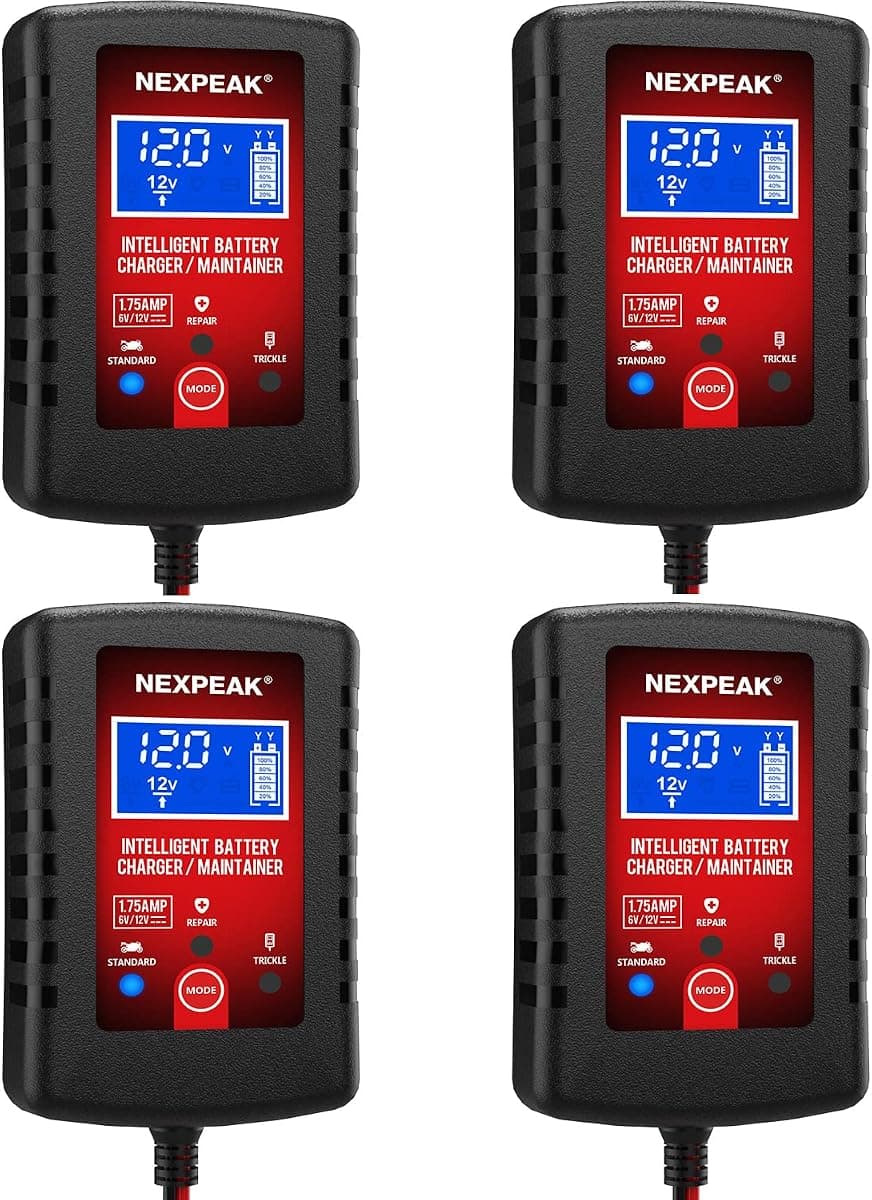 [4-Pack]1.75-Amp Car Battery Charger, 6V and 12V Smart Fully Automatic Battery Charger Maintainer, Trickle Charger, Battery Desulfator for Car, Lawn Mower, Motorcycle, Boat, Marine Lead Acid Batteries