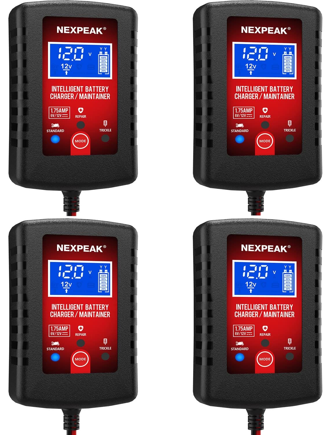 [4-Pack]1.75-Amp Car Battery Charger, 6V and 12V Smart Fully Automatic Battery Charger Maintainer, Trickle Charger, Battery Desulfator for Car, Lawn Mower, Motorcycle, Boat, Marine Lead Acid Batteries