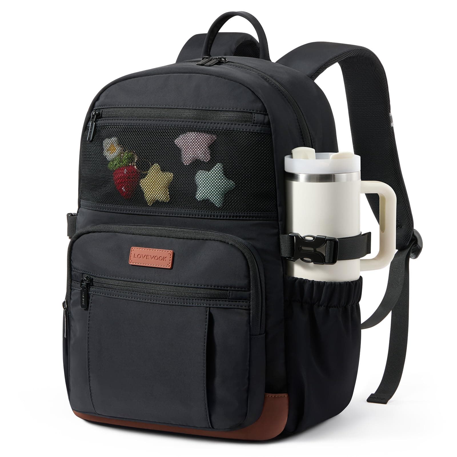 LOVEVOOK Laptop Backpack for Women Men with Giant Tumbler Holder - DIY Cute 15.6Inch Work Computer Travel Backpack with Laptop Compartment, Large Capacity College Commuter Teacher Purse Bag, Black